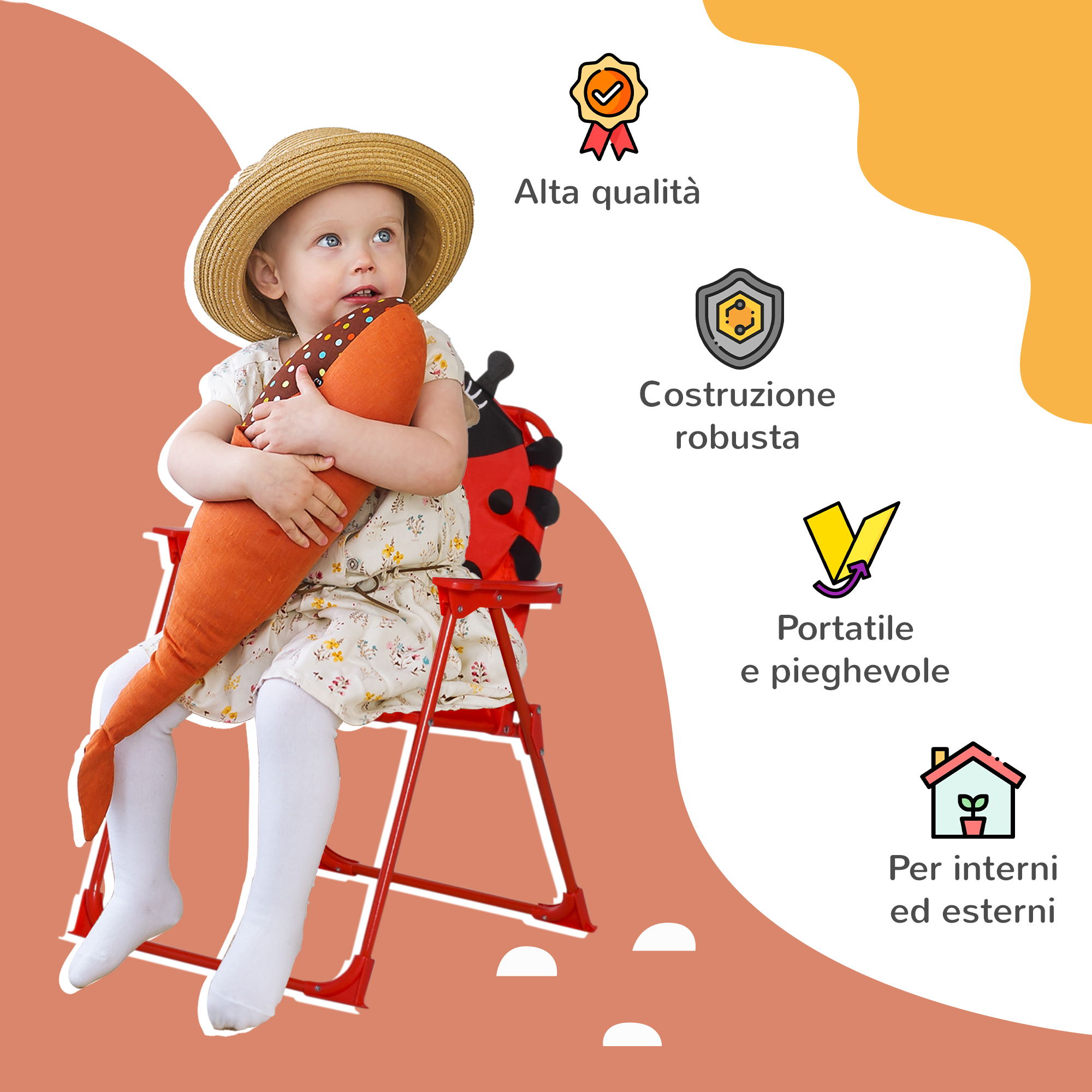 Una bambina con cappello di paglia seduta su una sedia rossa con carota.