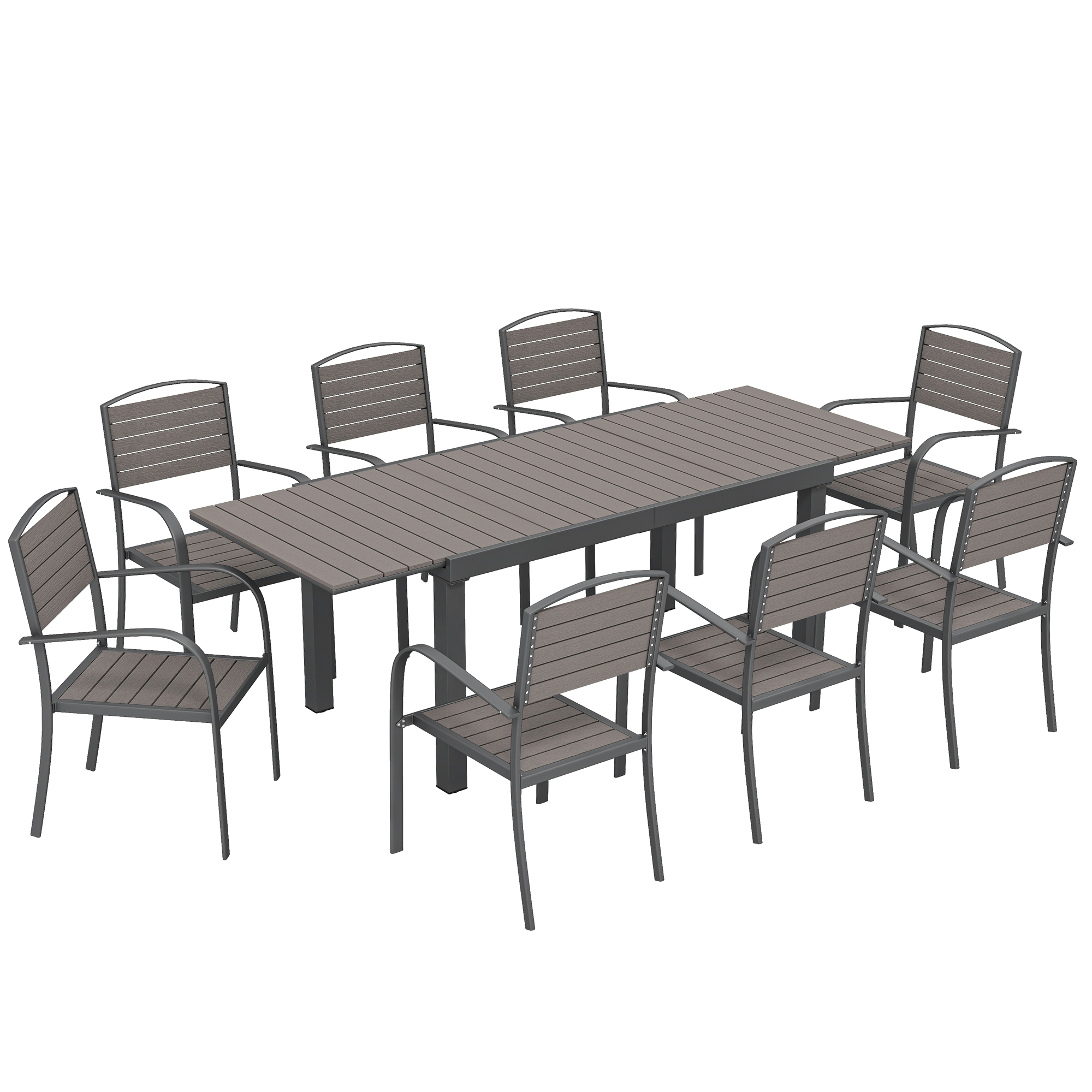 Un tavolo da pranzo rettangolare da esterno grigio scuro con dieci sedie abbinate.