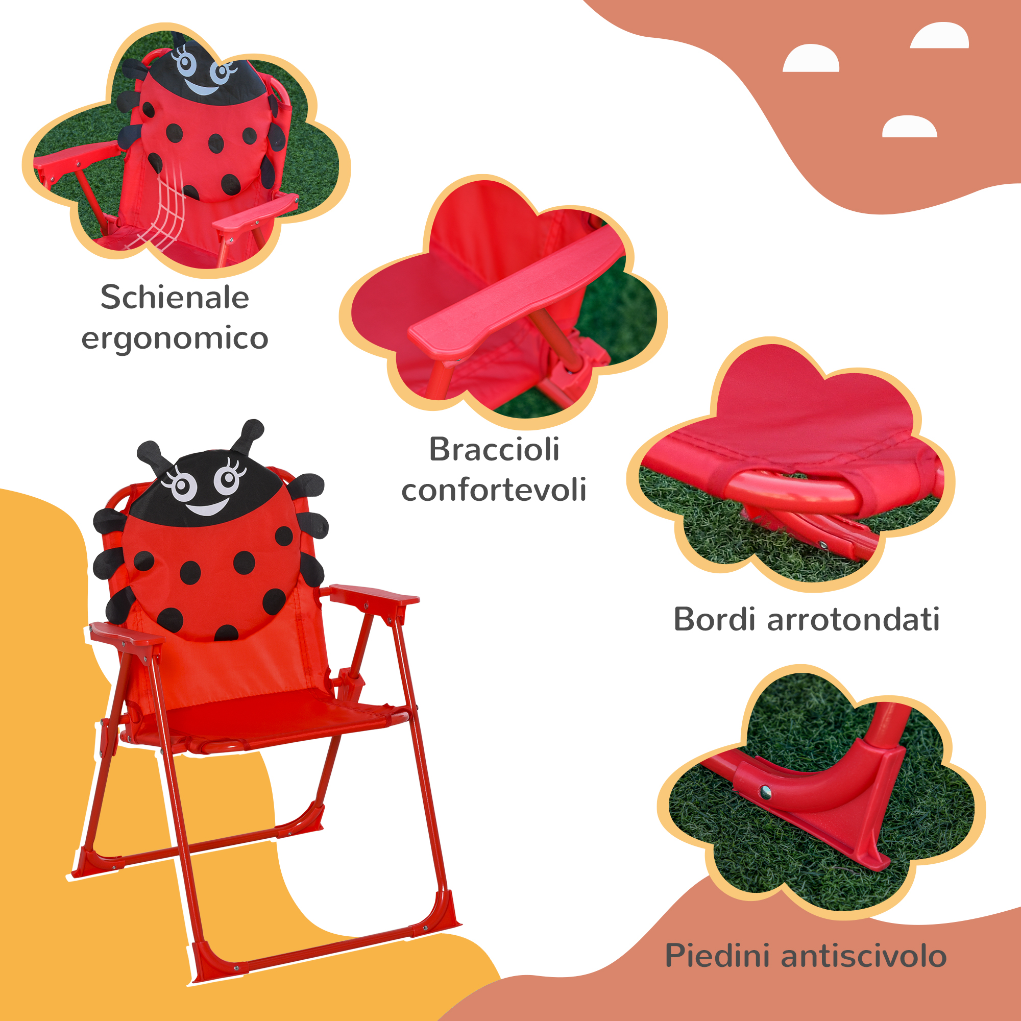 Sedia rossa per bambini con schienale a coccinella e piedini antiscivolo.