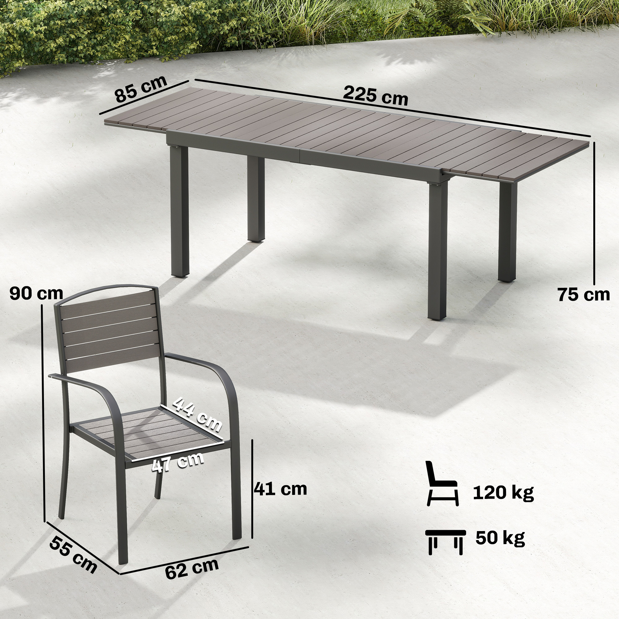 Mobili da esterno con dimensioni: Tavolo 225x85x75cm, Sedia 55x62x90cm. Carico 120kg/50kg.
