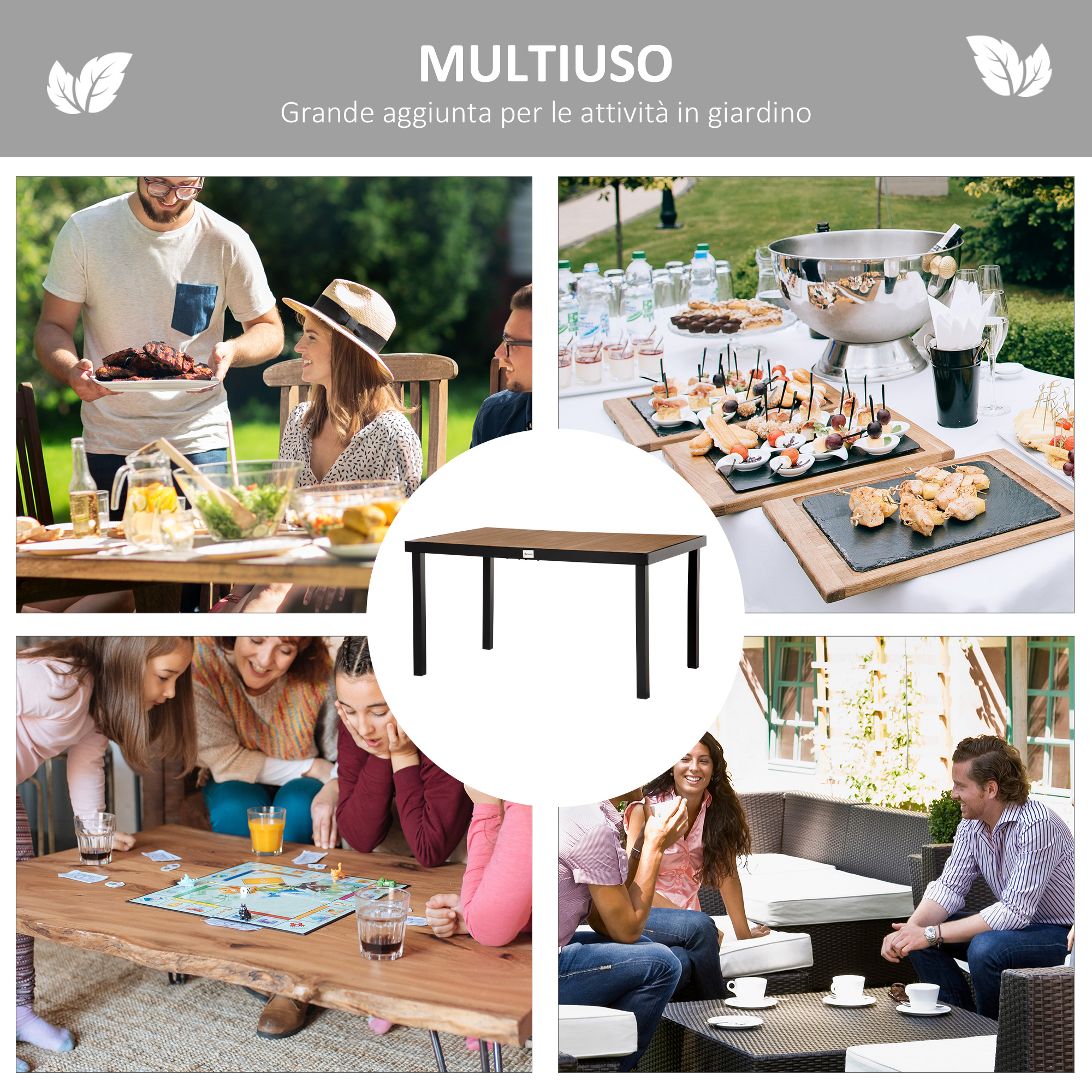 Molteplici scene: barbecue, buffet, giochi da tavolo e persone che socializzano all'aperto.