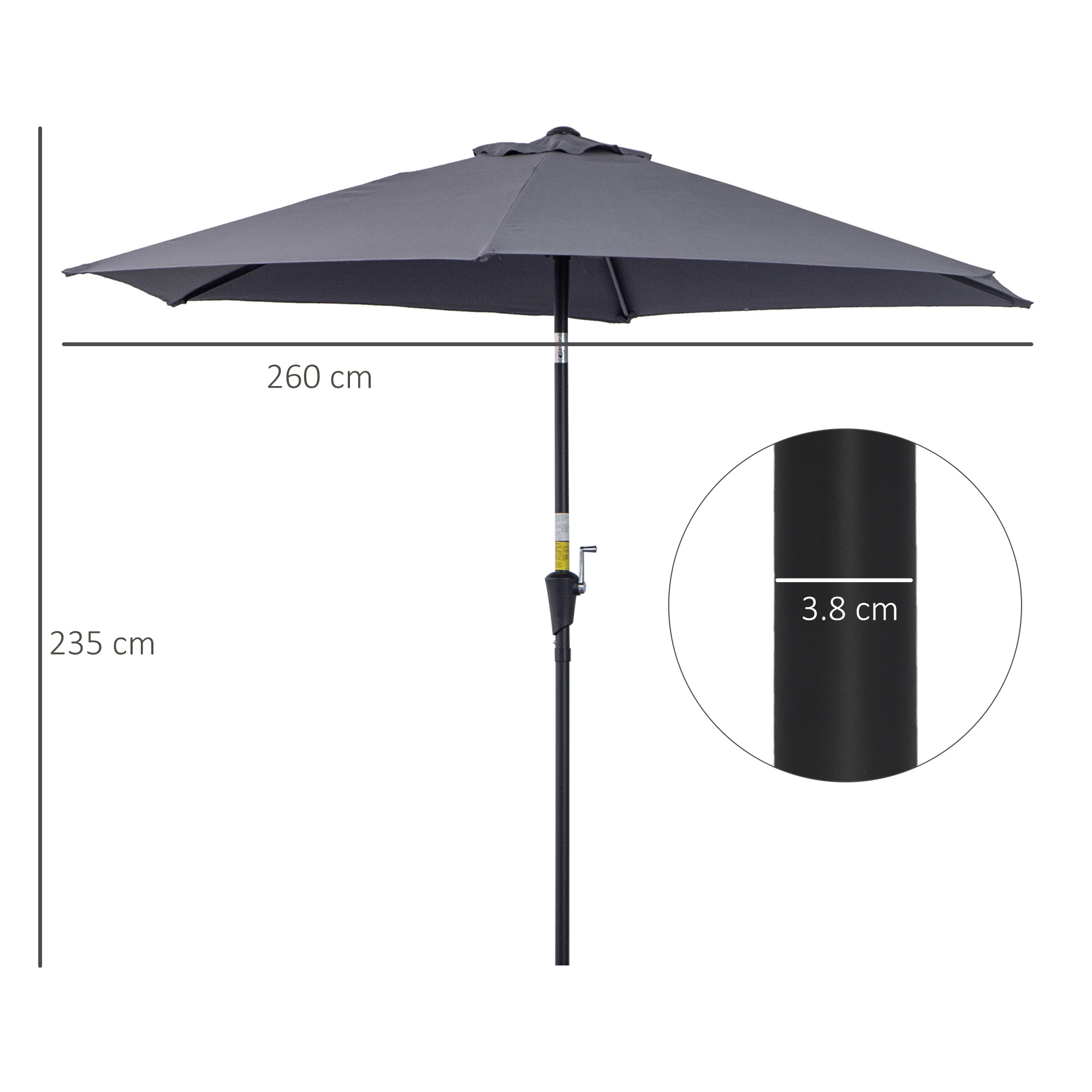 Un ombrellone grigio largo 260cm e alto 235cm. Il diametro del palo è di 3,8cm.