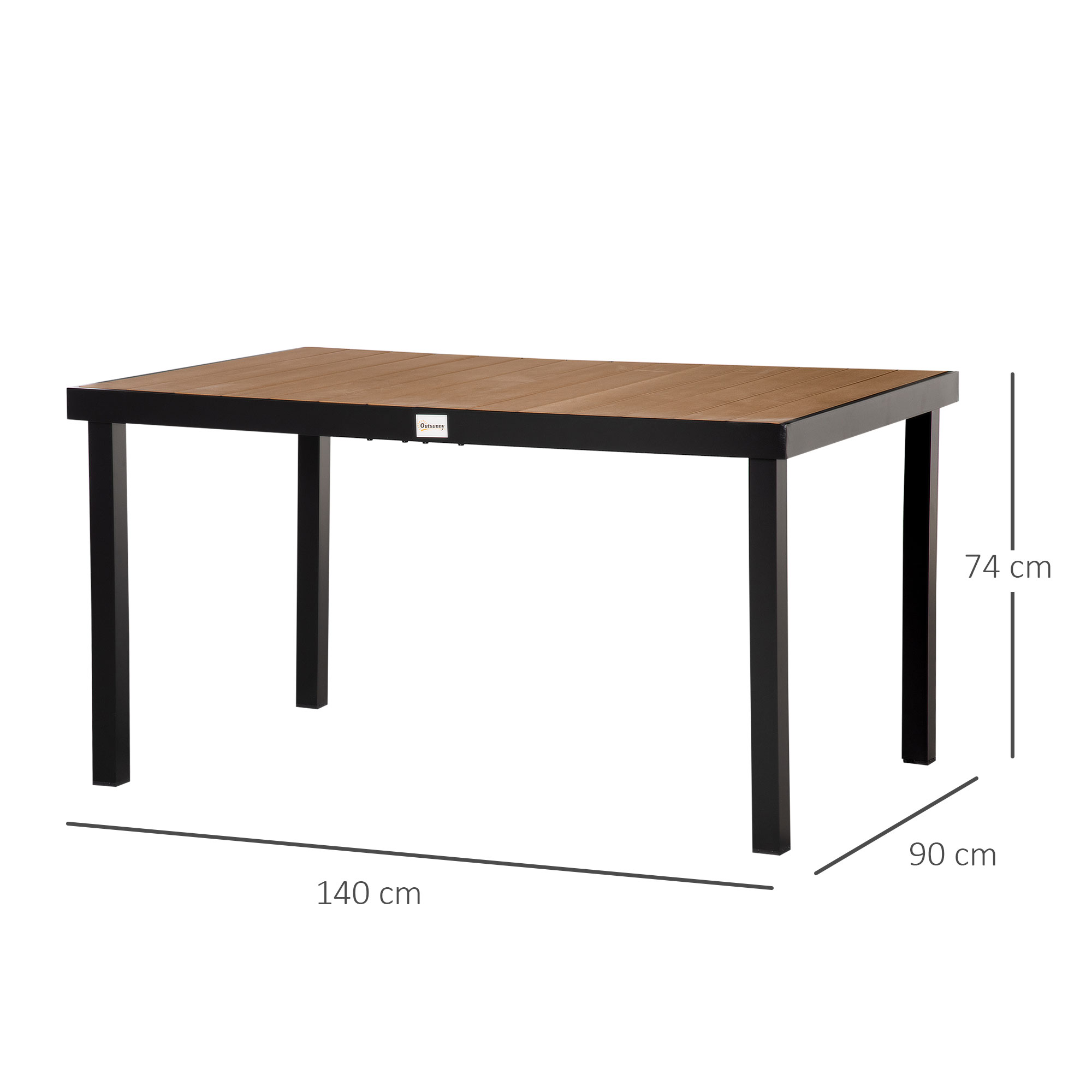 Un tavolo rettangolare con piano a doghe in legno e gambe nere.