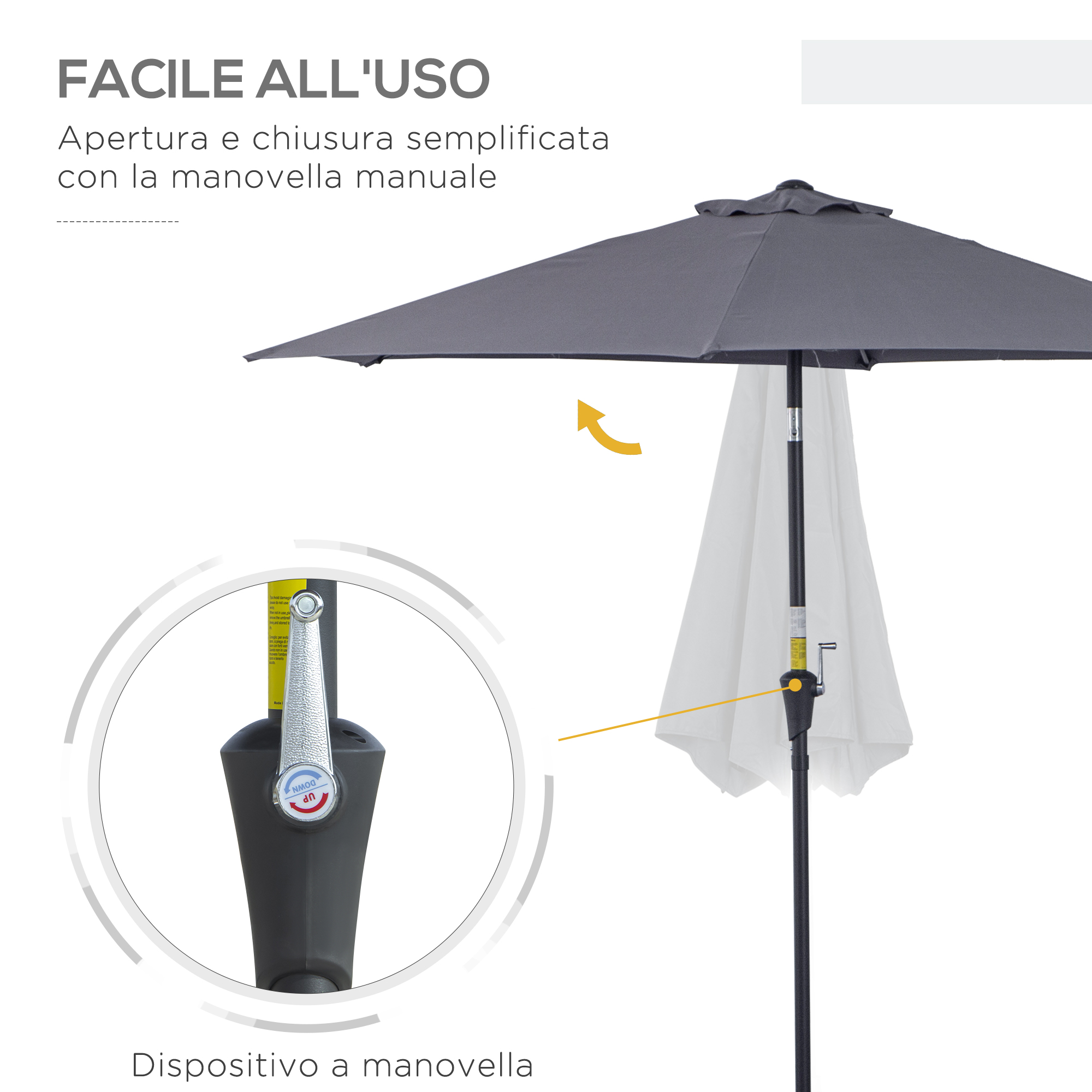 Un ombrellone grigio con meccanismo a manovella, mostrato nei dettagli per facilità.