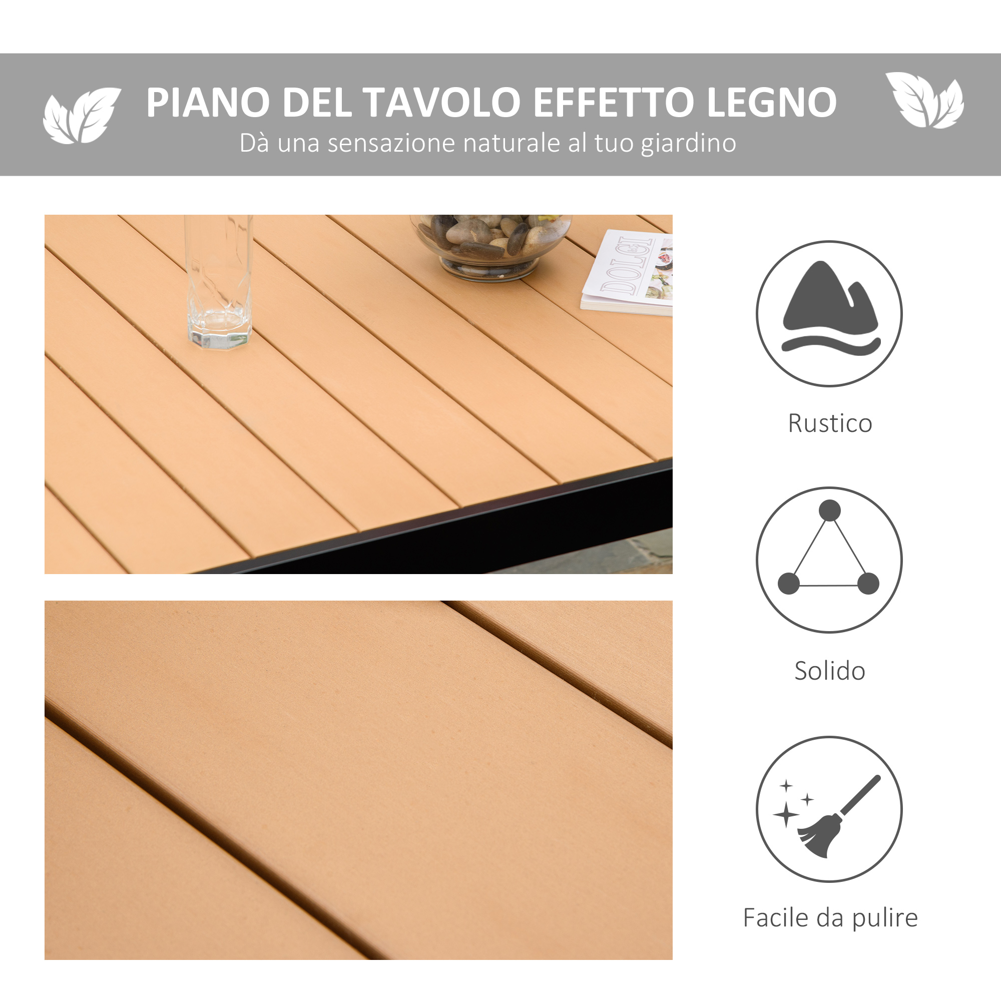 Primo piano di un piano tavolo effetto legno color nocciola con bicchiere e libro.