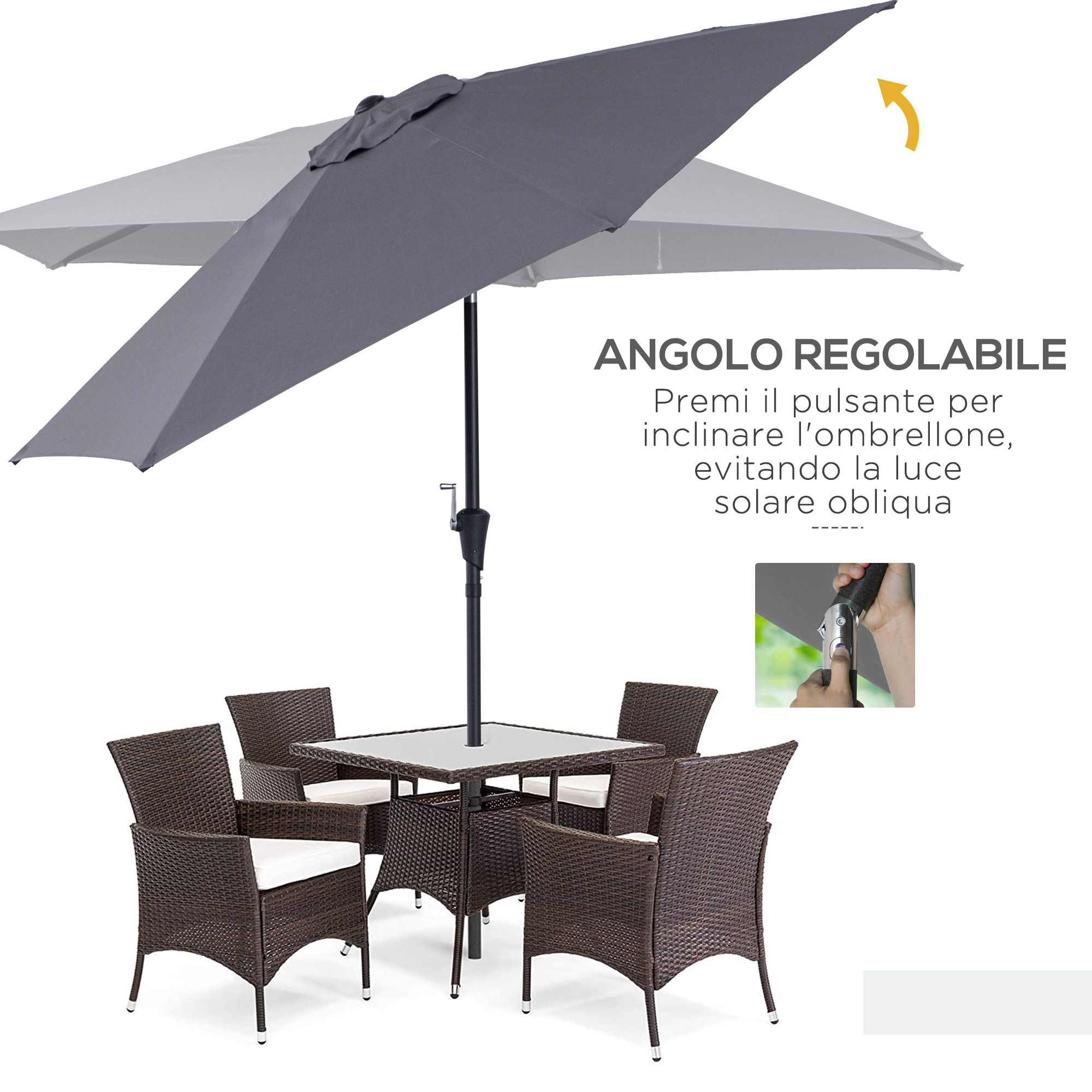 Tavolino da giardino con quattro sedie sotto un ombrellone grigio.