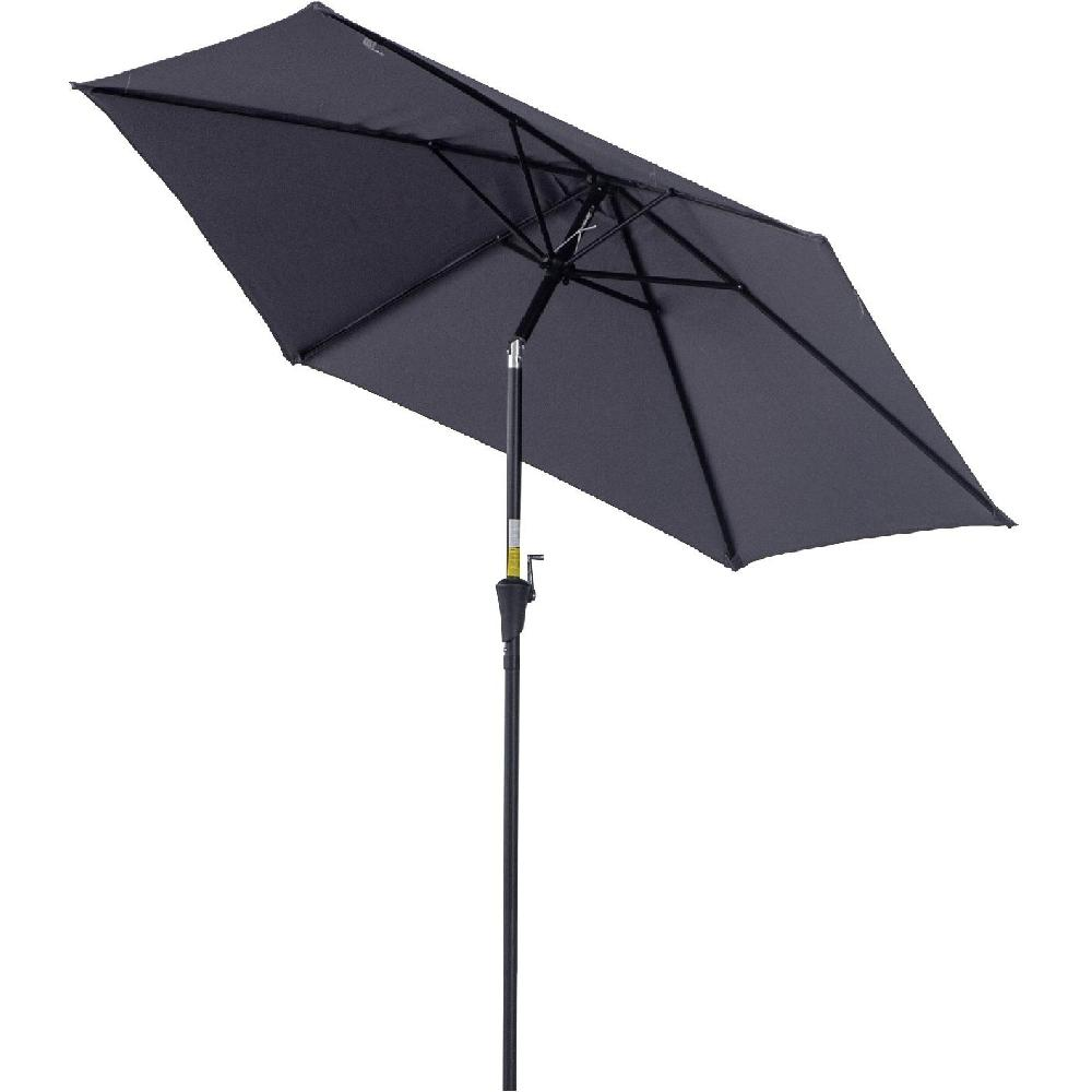 Un ombrello scuro con telaio nero su sfondo bianco.