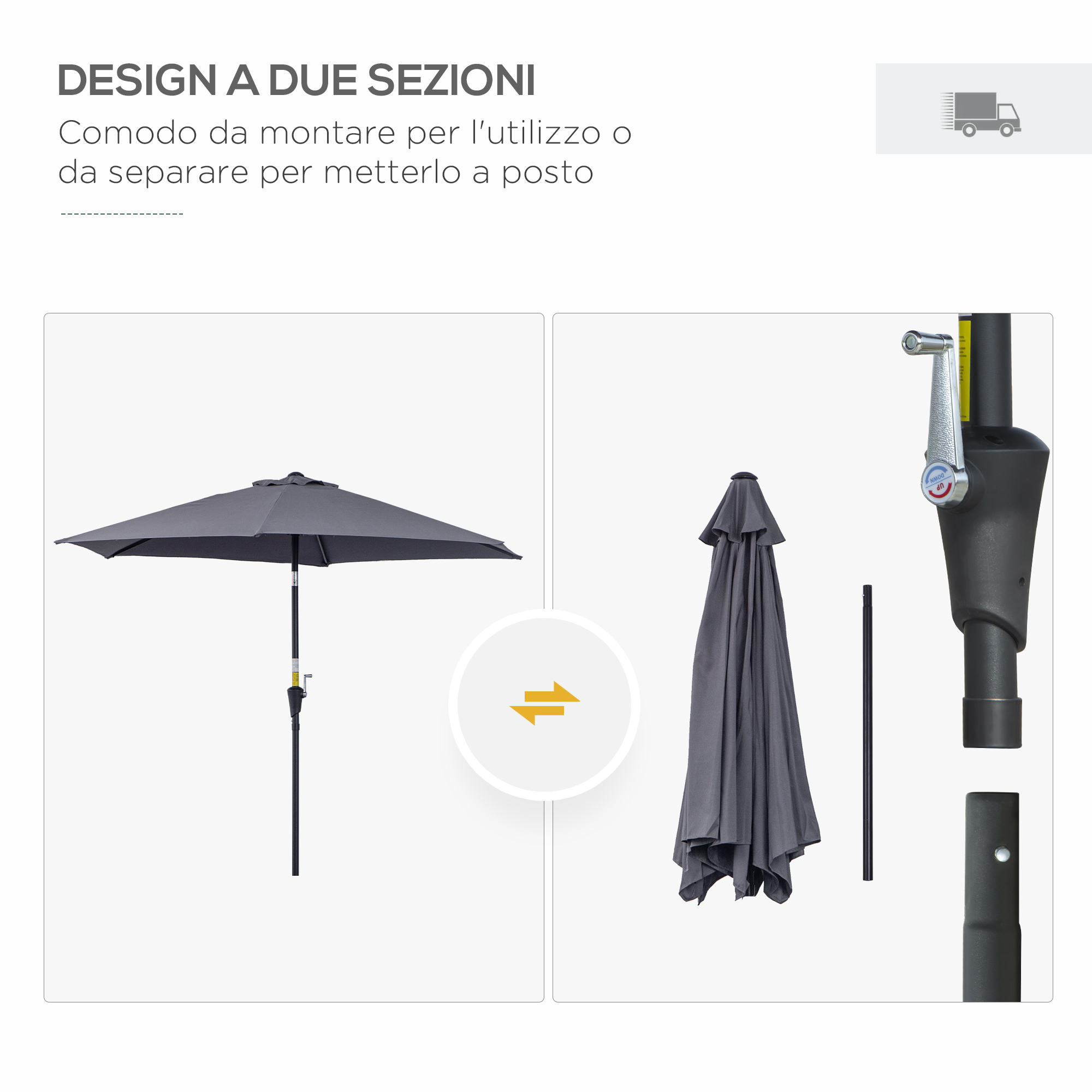 Un ombrellone grigio, aperto e piegato, con parti mostrate.