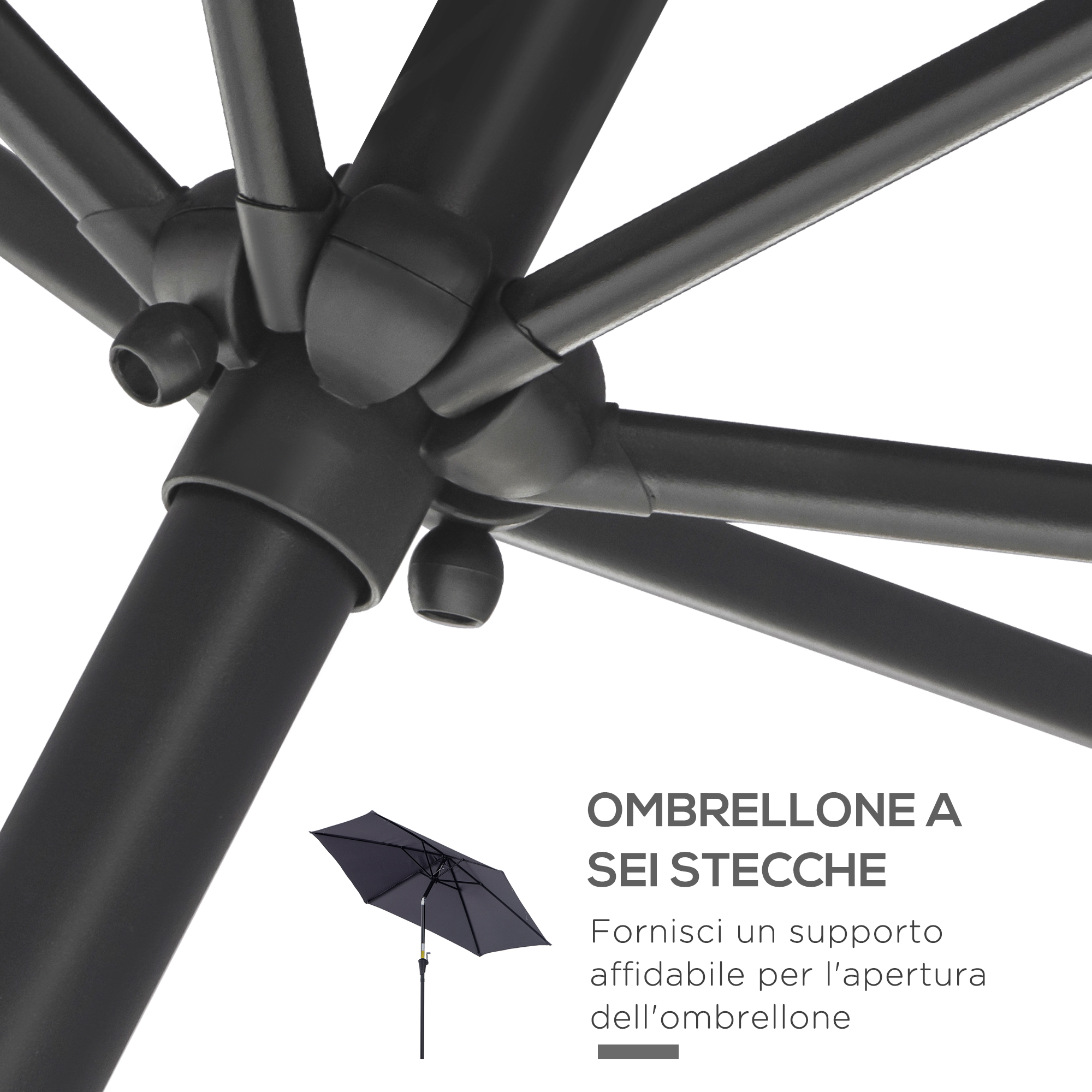 La struttura di un ombrellone nero a sei stecche. Un ombrellone chiuso è in basso a sinistra.