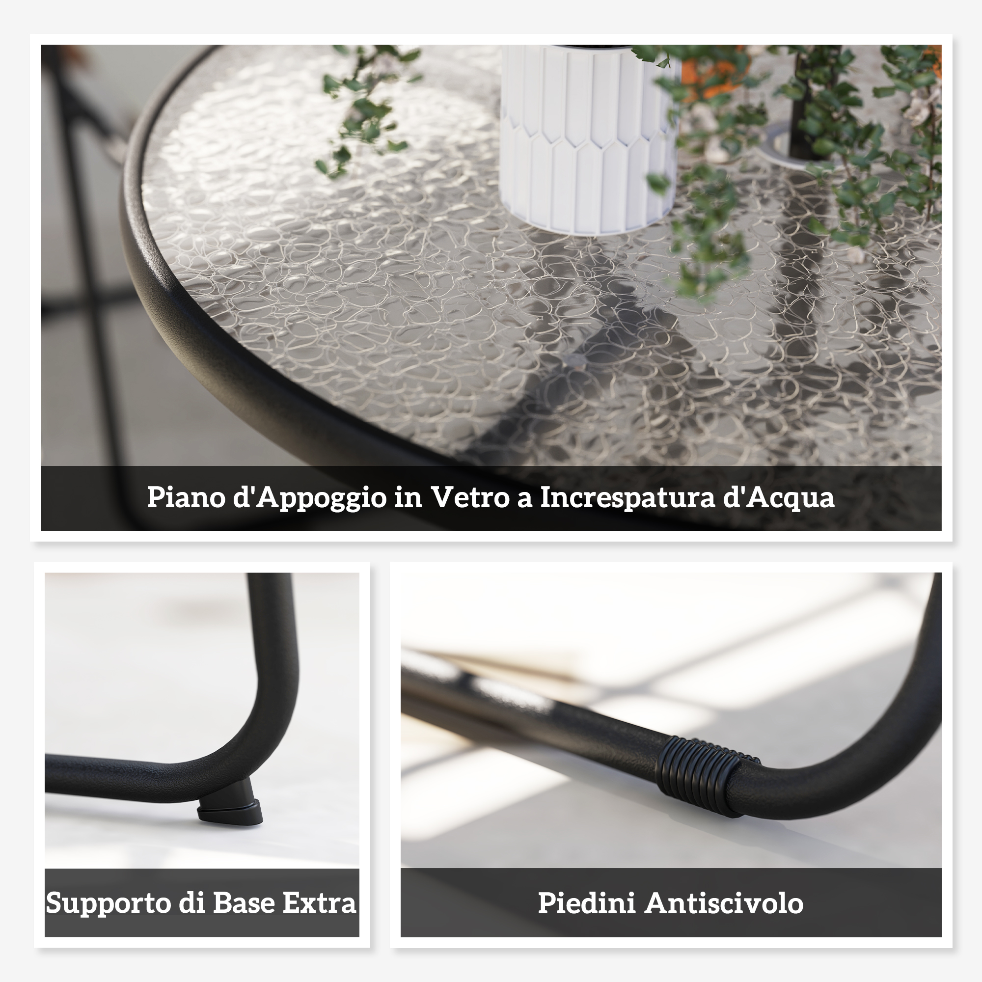 Un tavolo in vetro con superficie texturizzata e gambe in metallo nero.