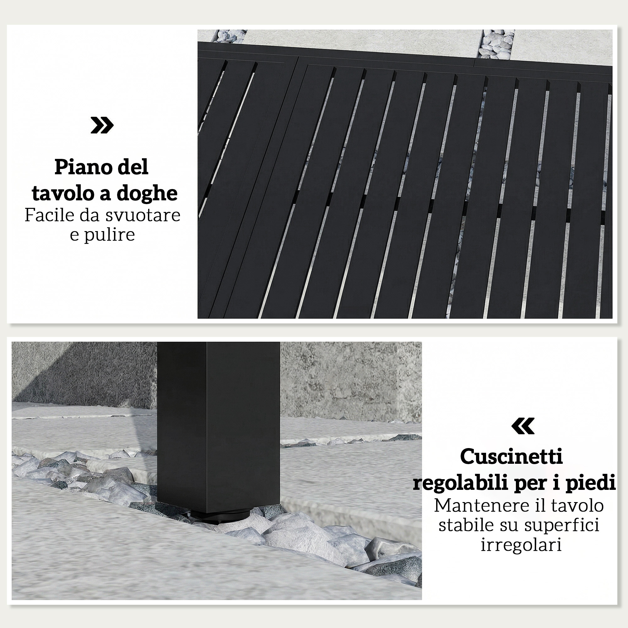 Tavolo nero con piano a doghe e piedi regolabili per superfici irregolari.