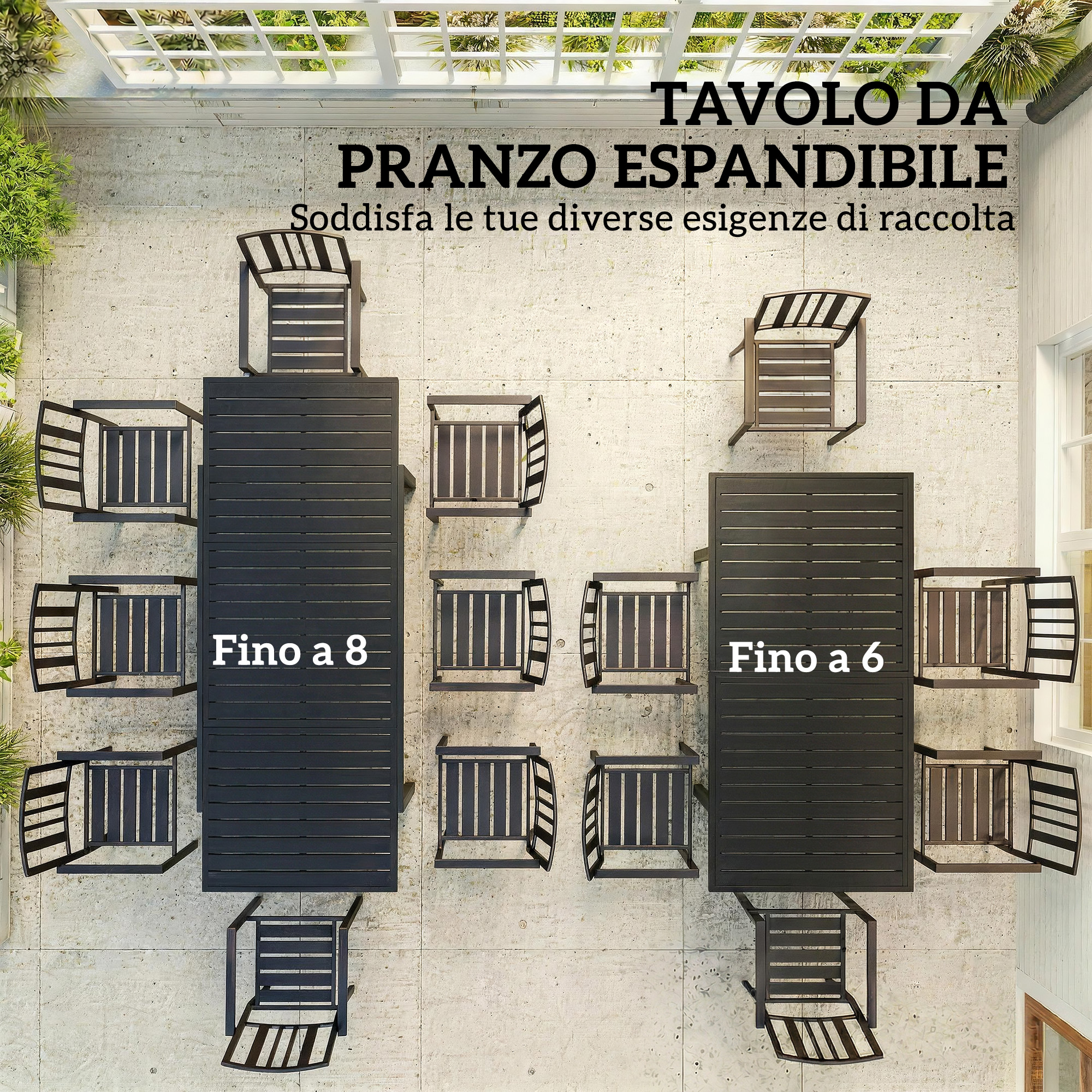 Tavolo da pranzo espandibile con sedie per 6 o 8 persone su pavimento in cemento.