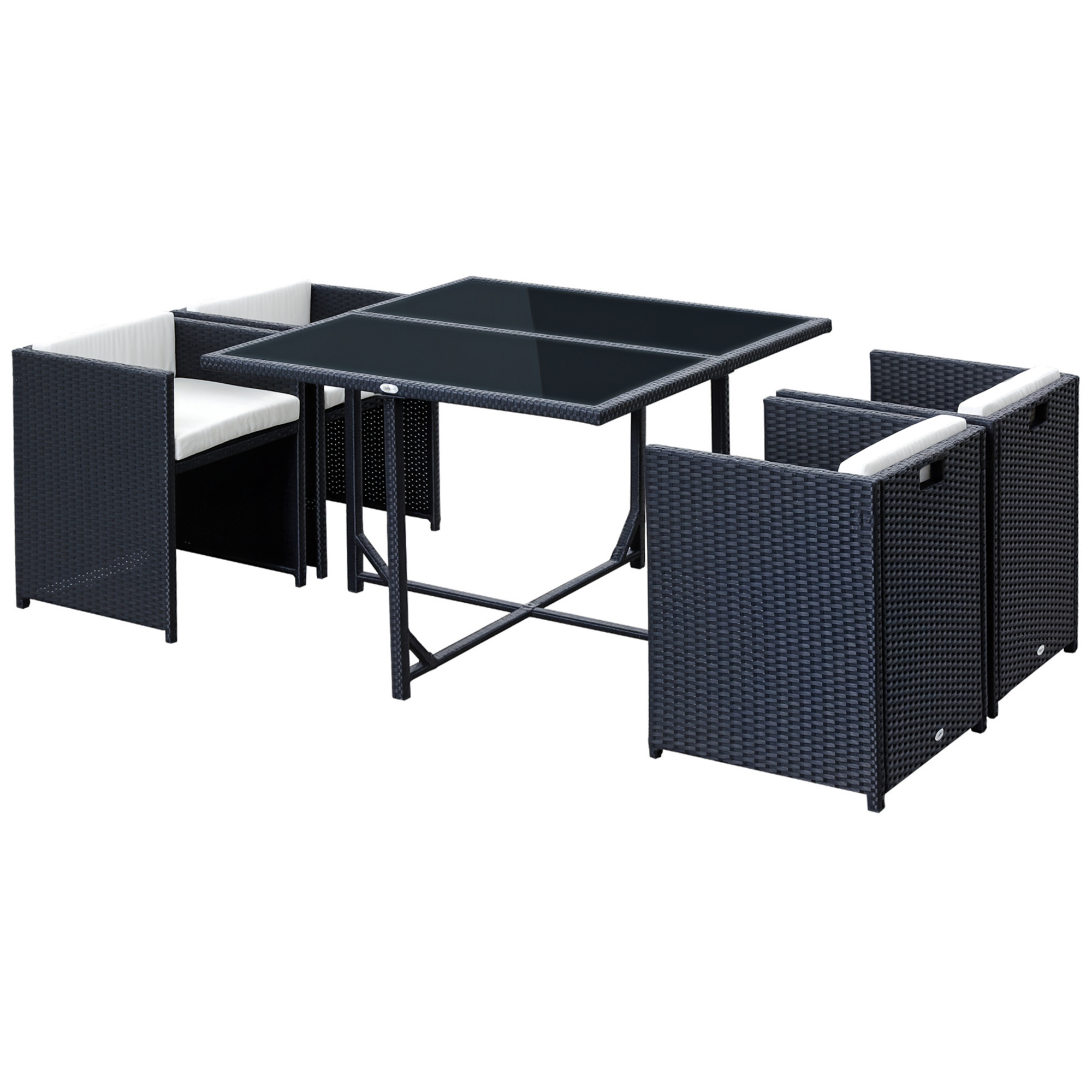 Un set da pranzo in rattan nero con piano in vetro e quattro sedie bianche.