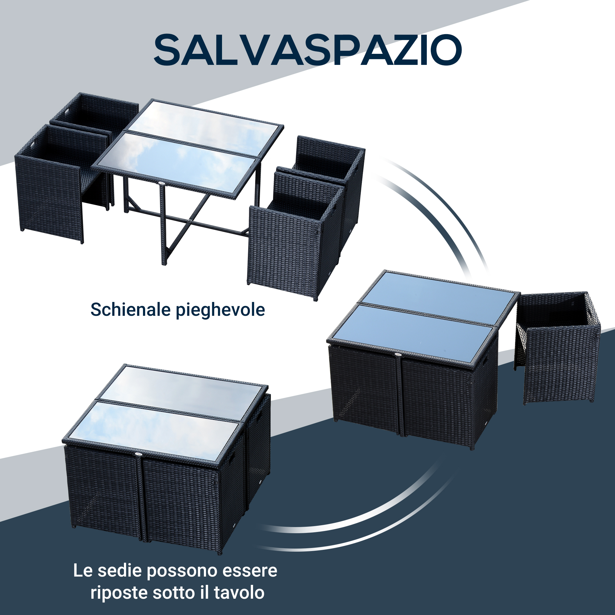 Un set di divani in rattan nero con tavolo in vetro e sedie impilabili.