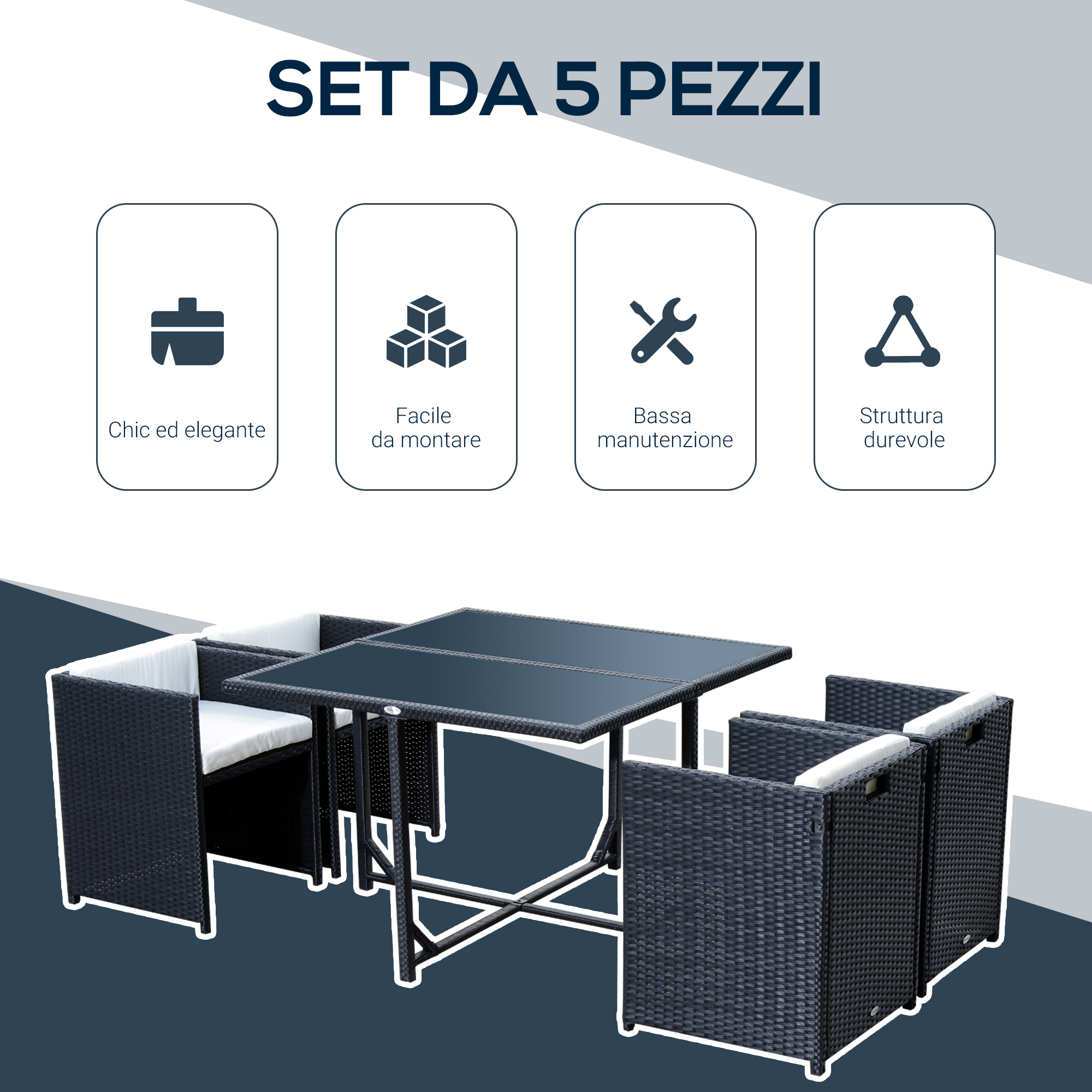 Un set da giardino di 5 pezzi in rattan nero, con tavolo e quattro sedie bianche.
