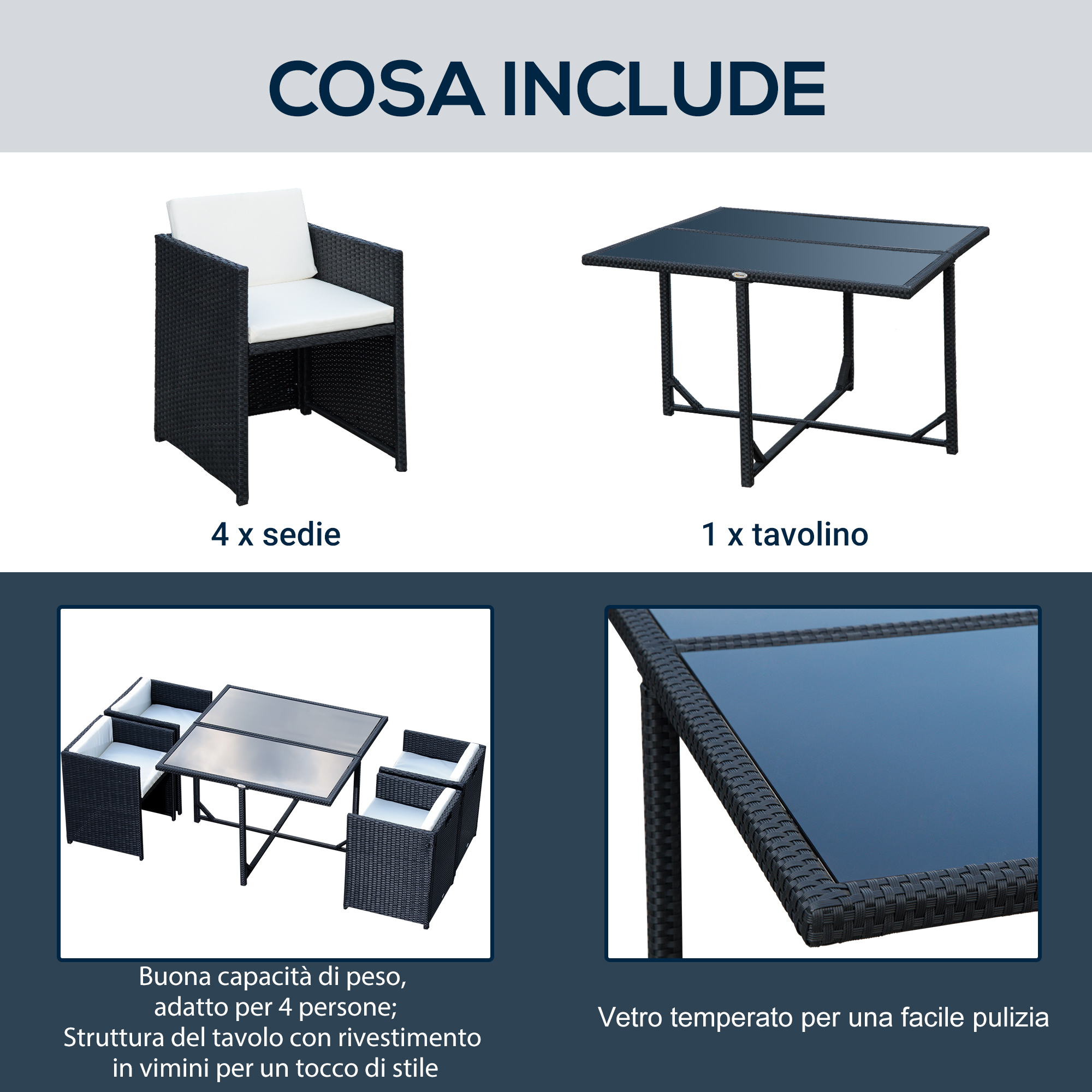 Set mobili da esterno: 4 sedie, 1 tavolo. Piano in vetro.