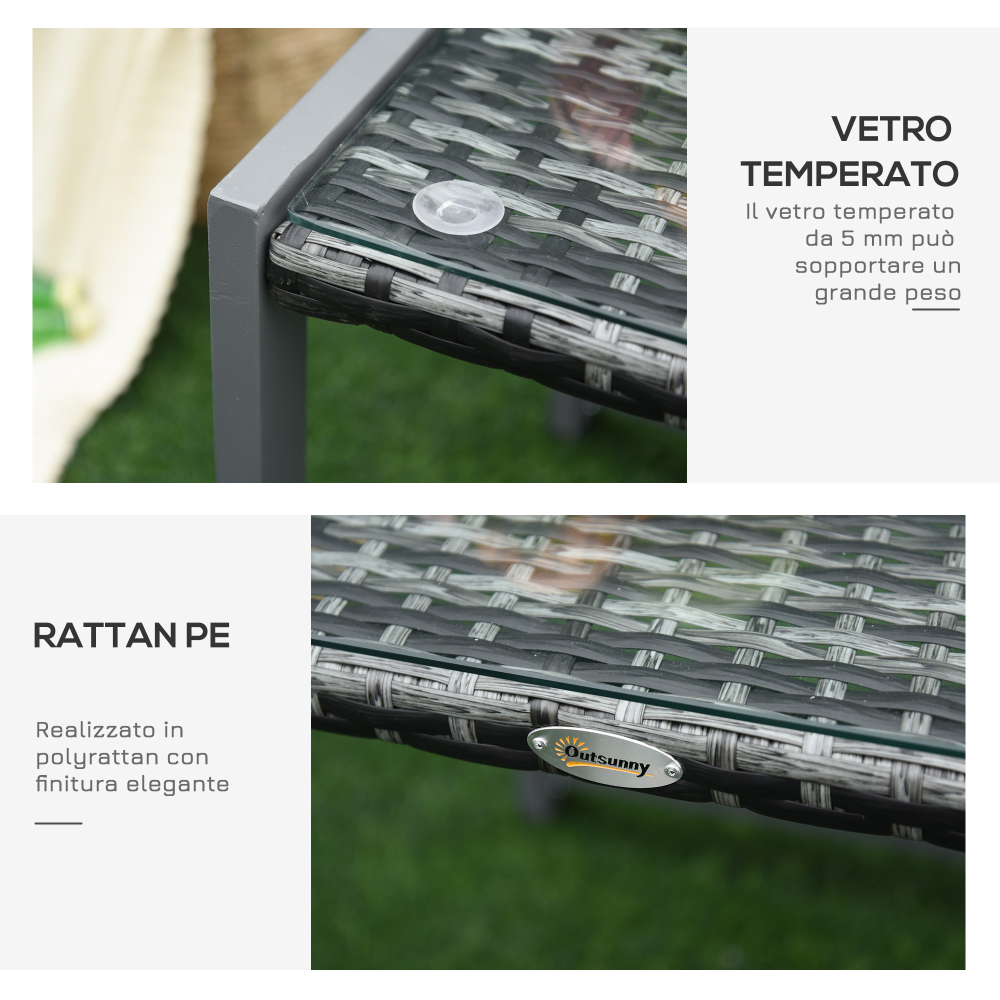 Un tavolo con piano in vetro e dettagli in rattan.