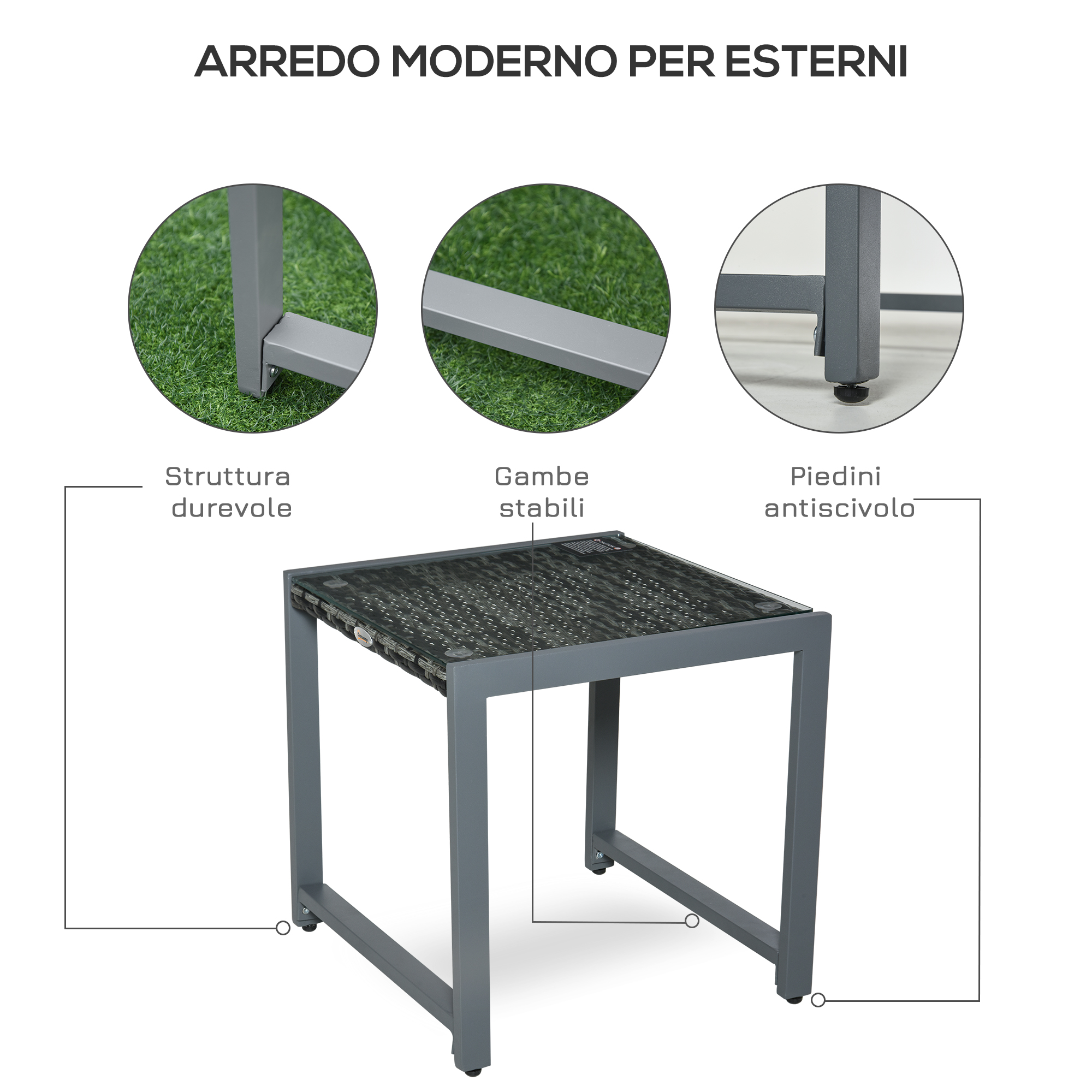 Tavolino moderno da esterno con piano in vetro e gambe stabili.