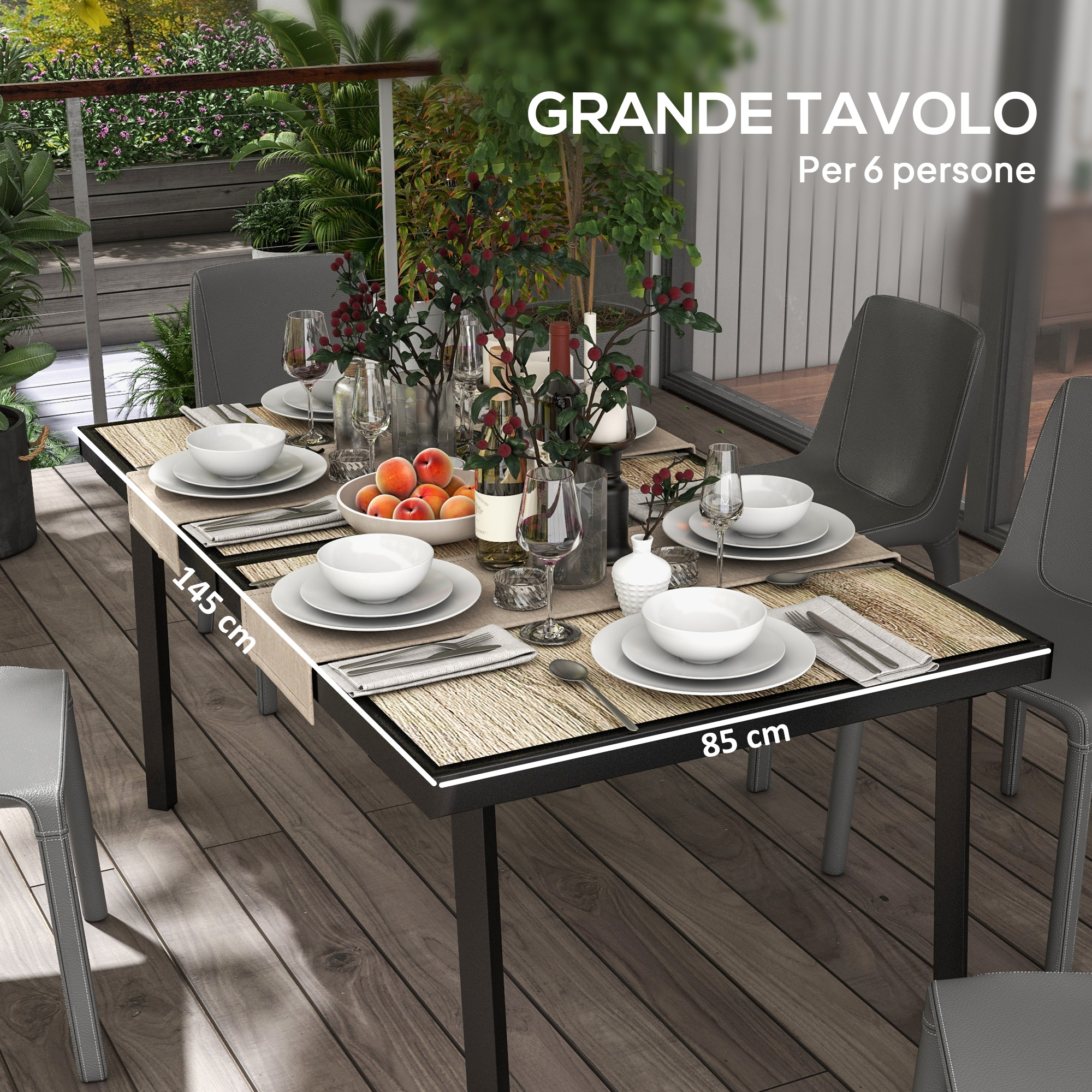 Un tavolo apparecchiato per 6 su un terrazzo in legno, con frutta e vino.