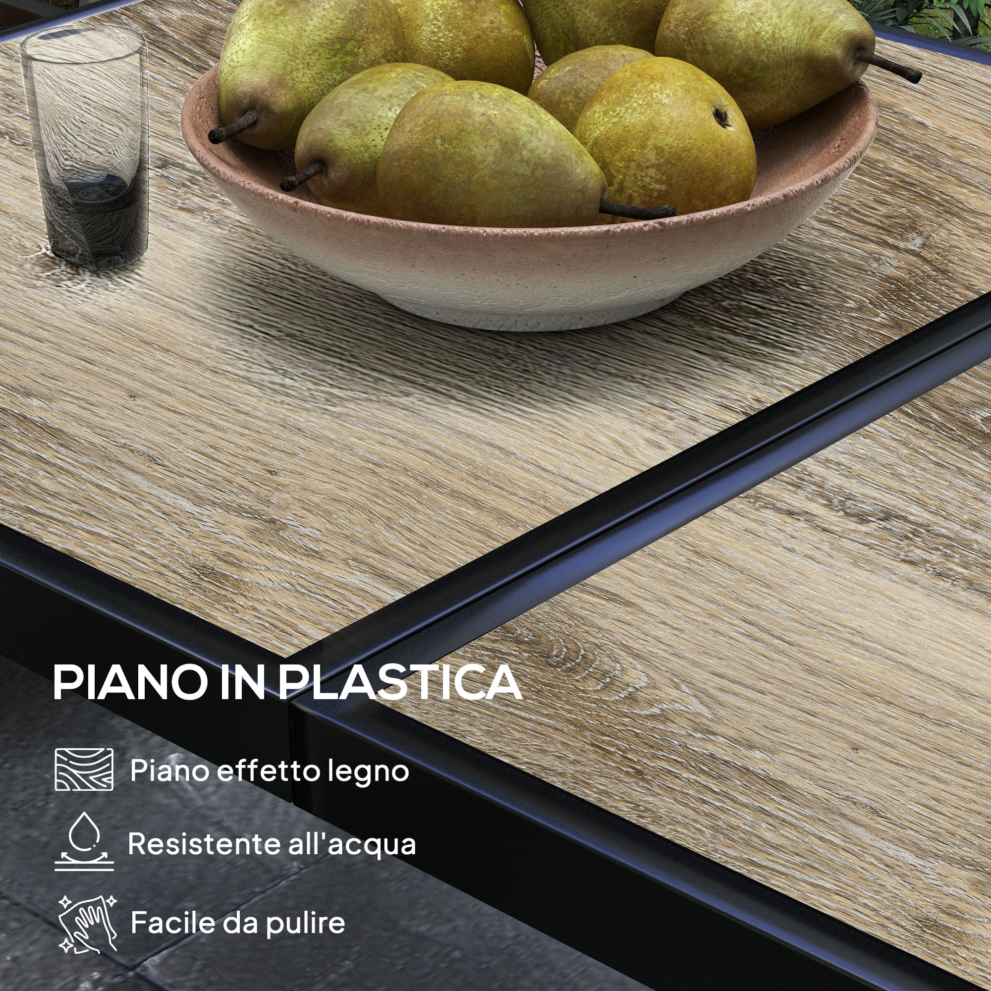 Un bicchiere e una ciotola di pere su un tavolo di legno. Il testo dice piano in plastica.