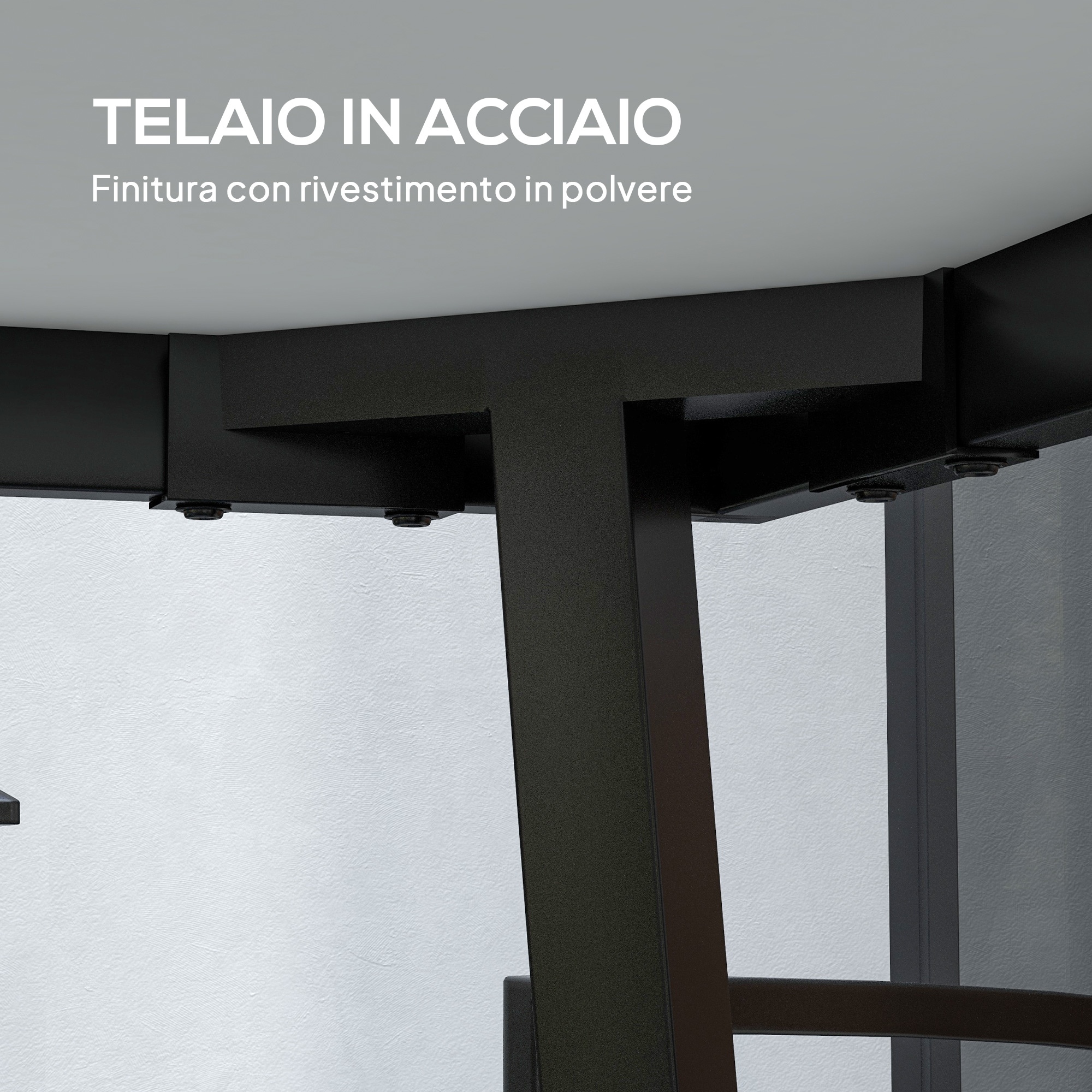 Telaio in acciaio verniciato a polvere, dettaglio delle giunzioni.