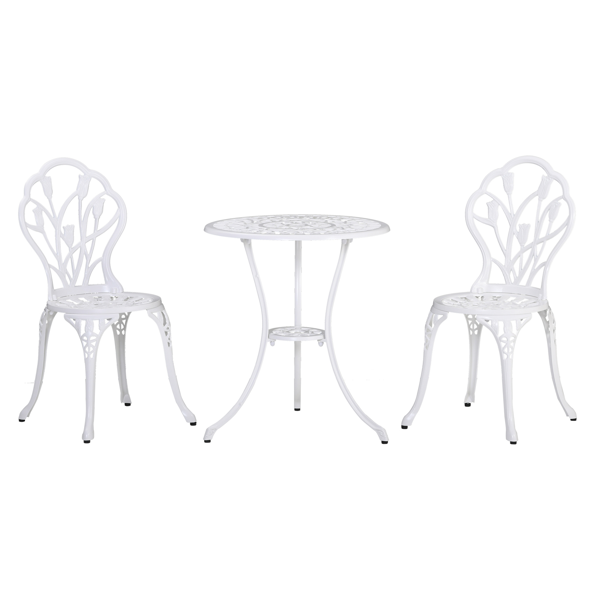 Un set da tavolo da giardino in metallo bianco con due sedie e un tavolo rotondo.