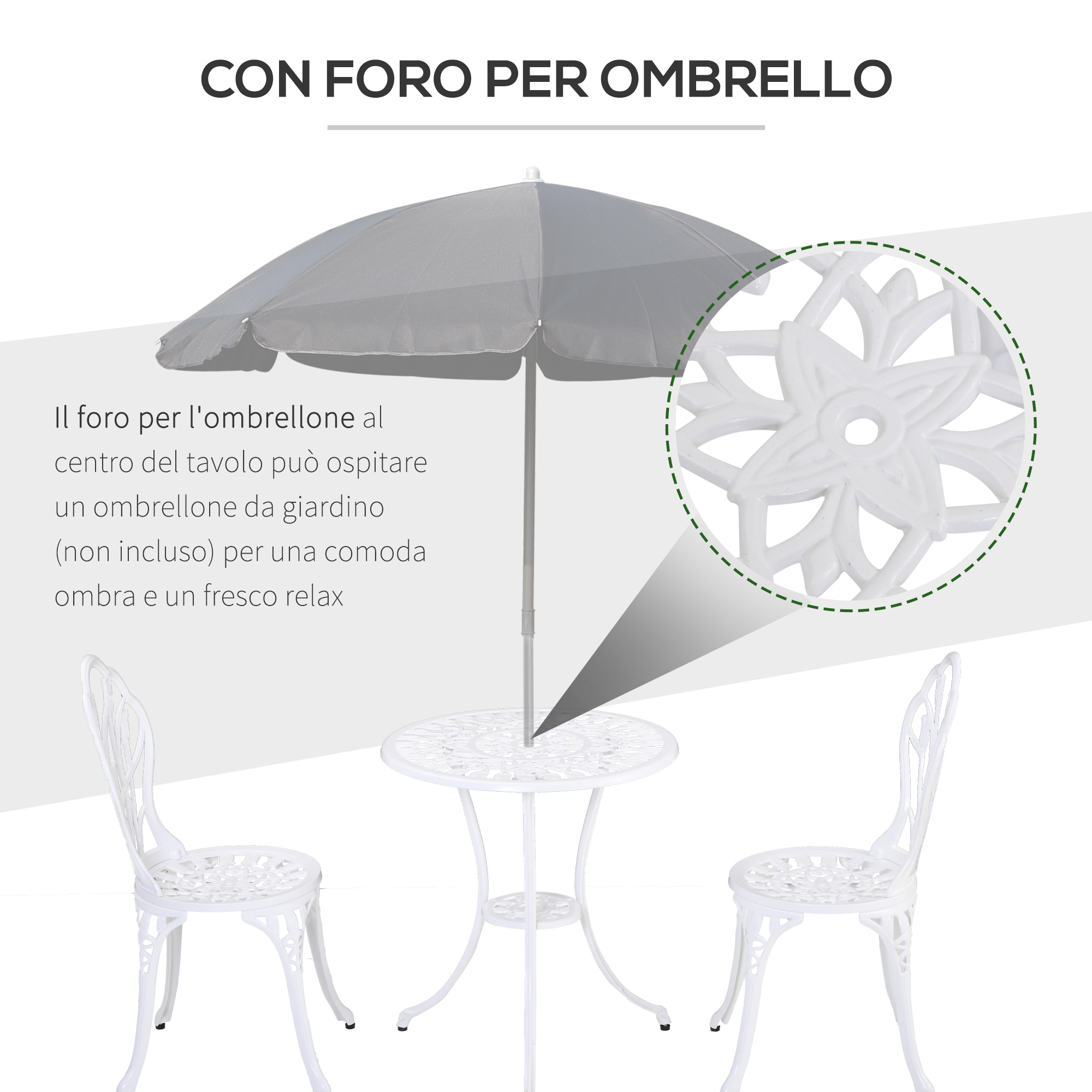 Un tavolo da giardino bianco con due sedie e un ombrellone.
