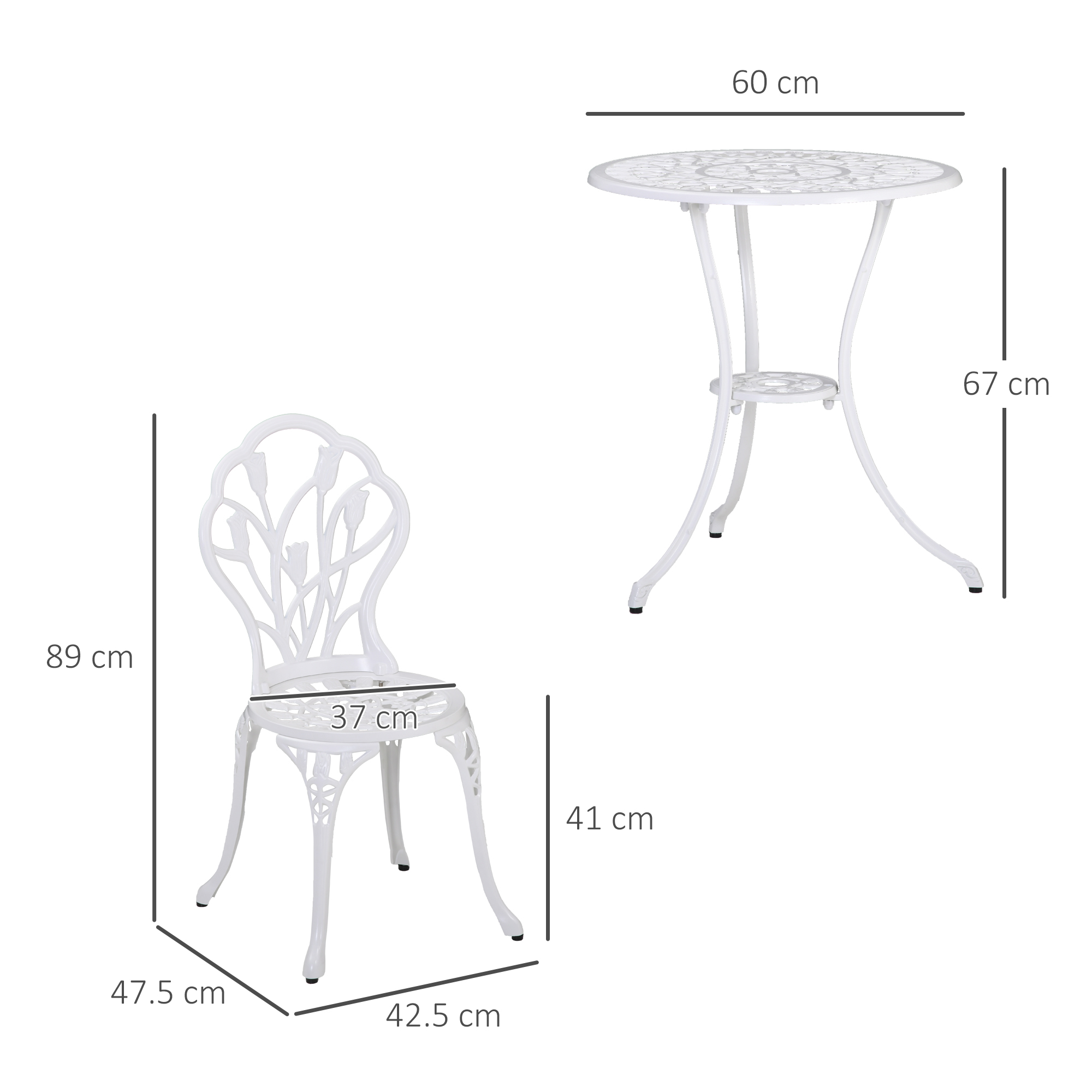 Un tavolo e una sedia in metallo bianchi (60x67cm e 47.5x42.5x89cm).