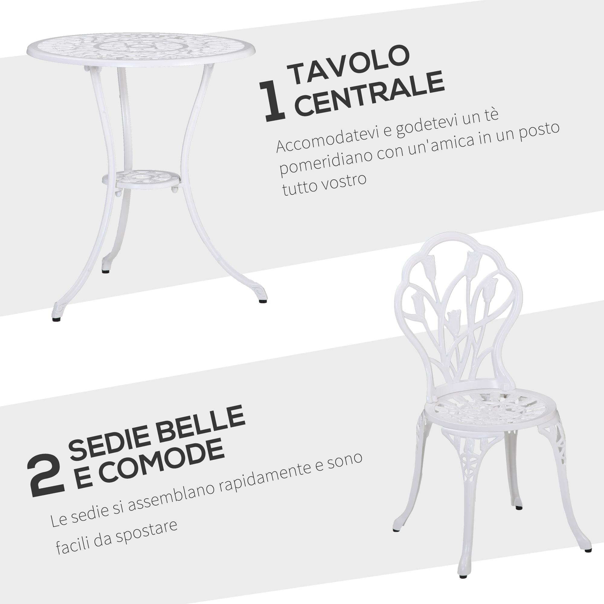 Un tavolo bianco e una sedia con schienale a motivo floreale.