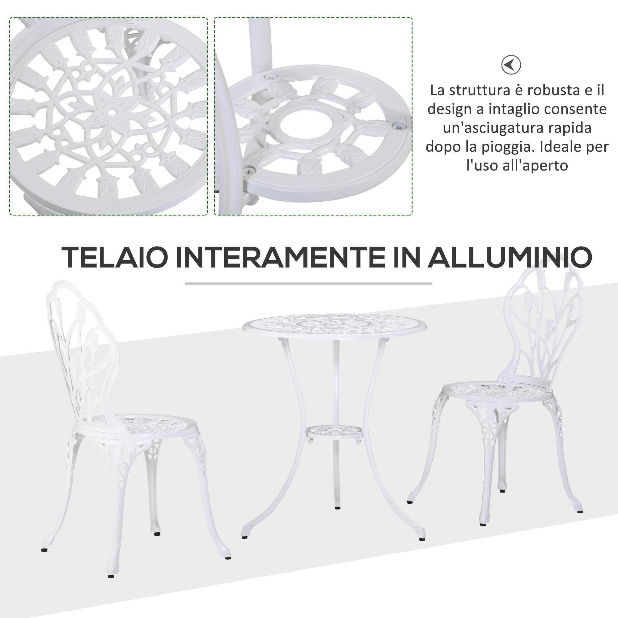 Un set da giardino in alluminio bianco con due sedie e un tavolo con motivi intricati.