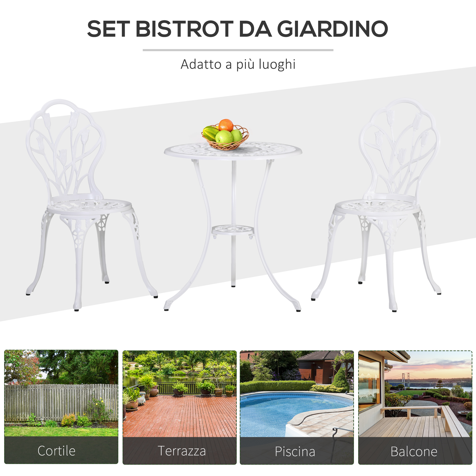 Un set da bistrot bianco con due sedie e un tavolo rotondo con frutta.
