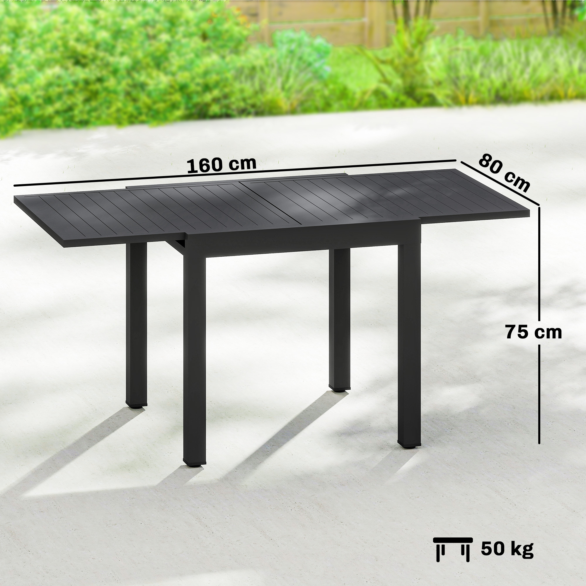 Un tavolo da giardino scuro di 160x80x75 cm, peso 50 kg.