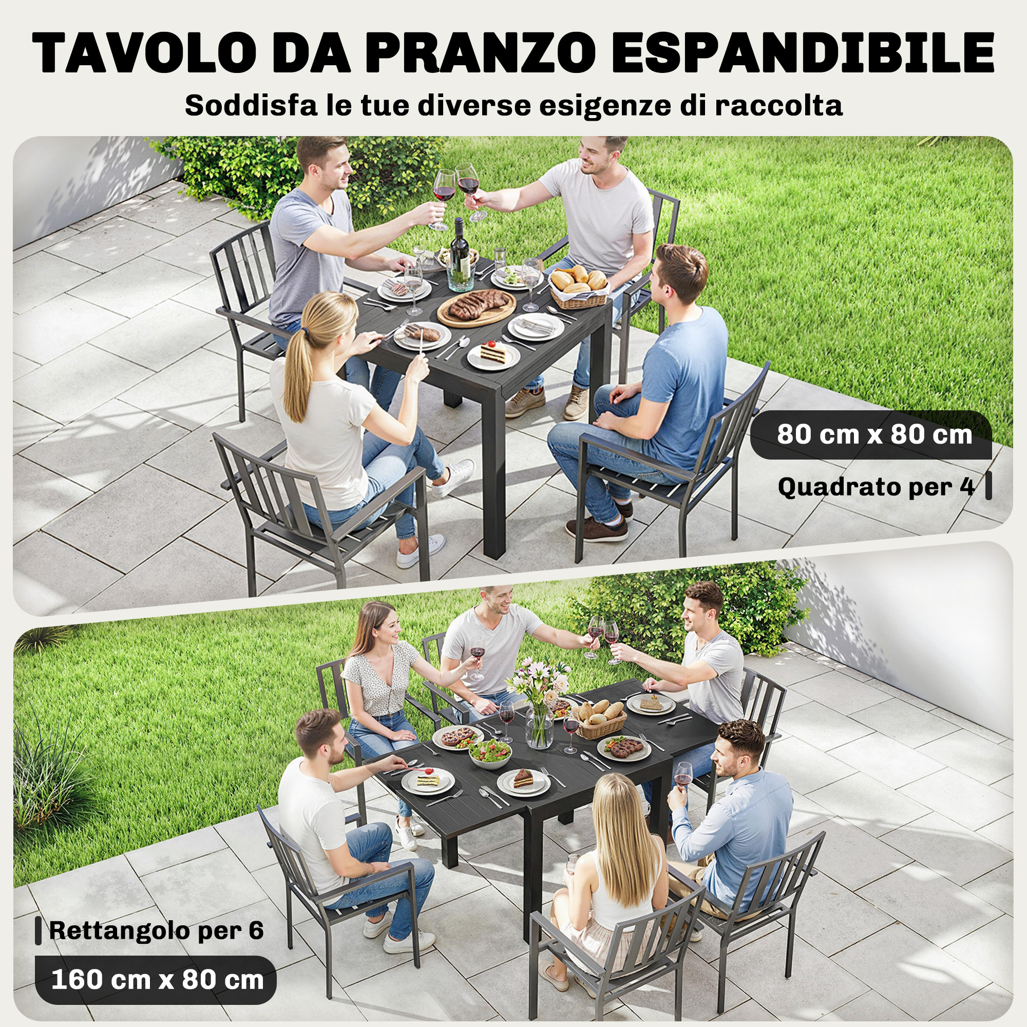 Due tavoli da pranzo da esterno con persone che mangiano. Uno è quadrato, l'altro rettangolare.