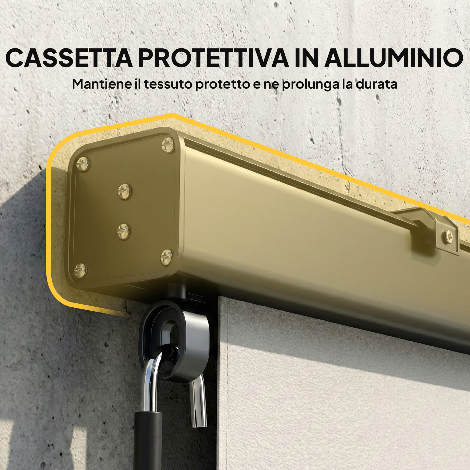 Cassetta protettiva in alluminio dorato su muro di cemento, protegge il tessuto.