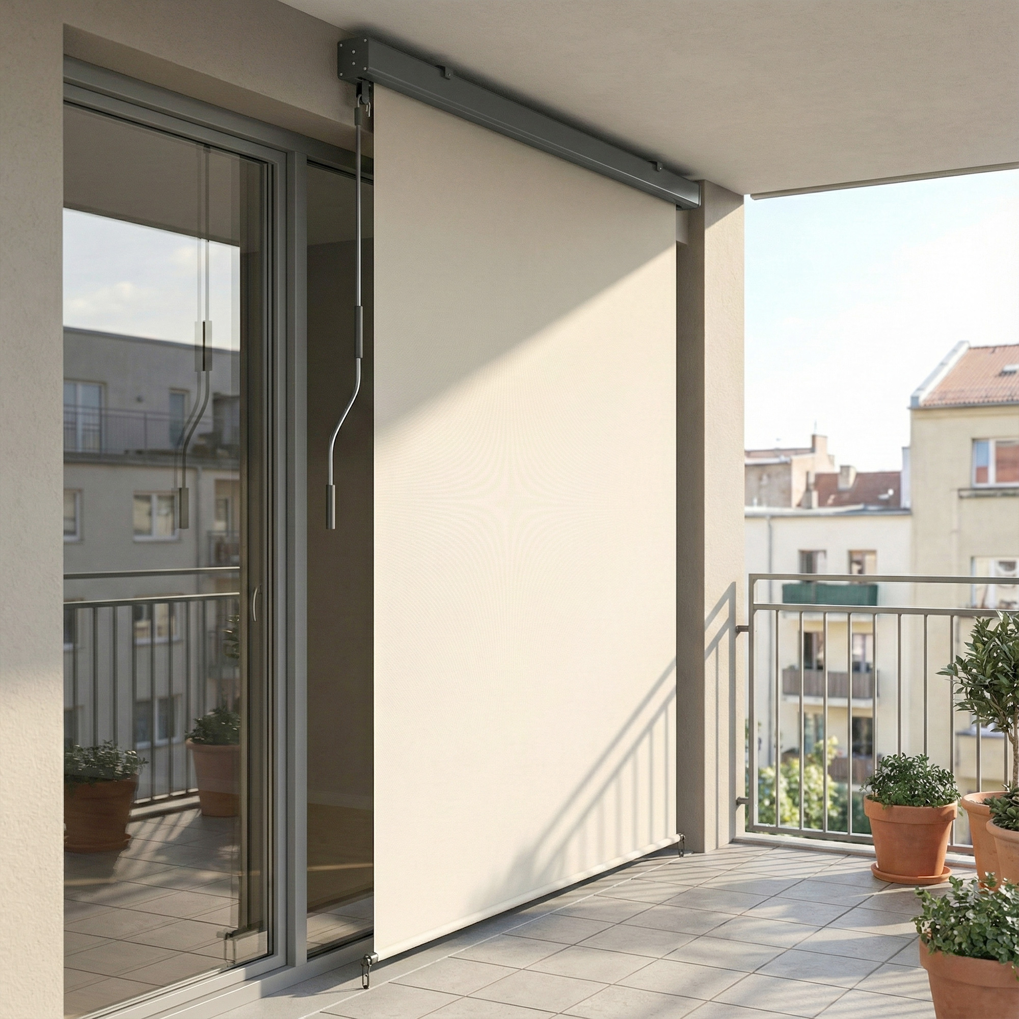 Una tenda da sole color crema pende su un balcone accanto a un balcone in vetro.