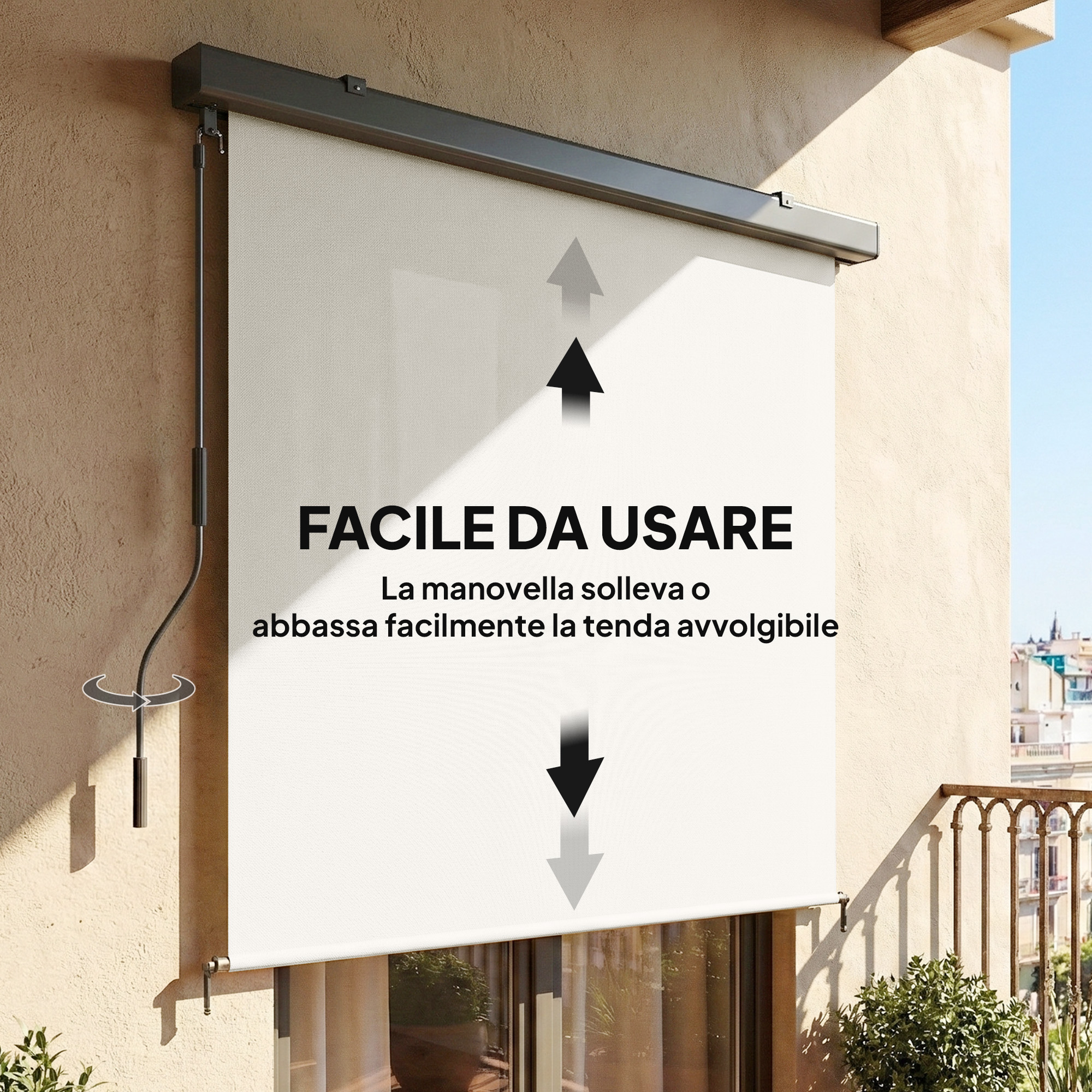 Tenda bianca con manovella e frecce su/giù. Facile da usare.