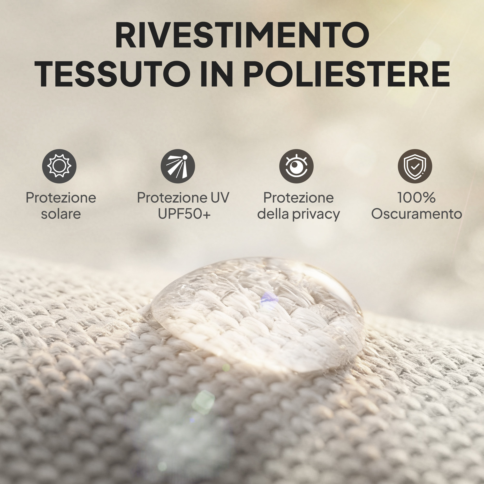 Tessuto poliestere con protezione solare, UV, privacy e oscuramento.