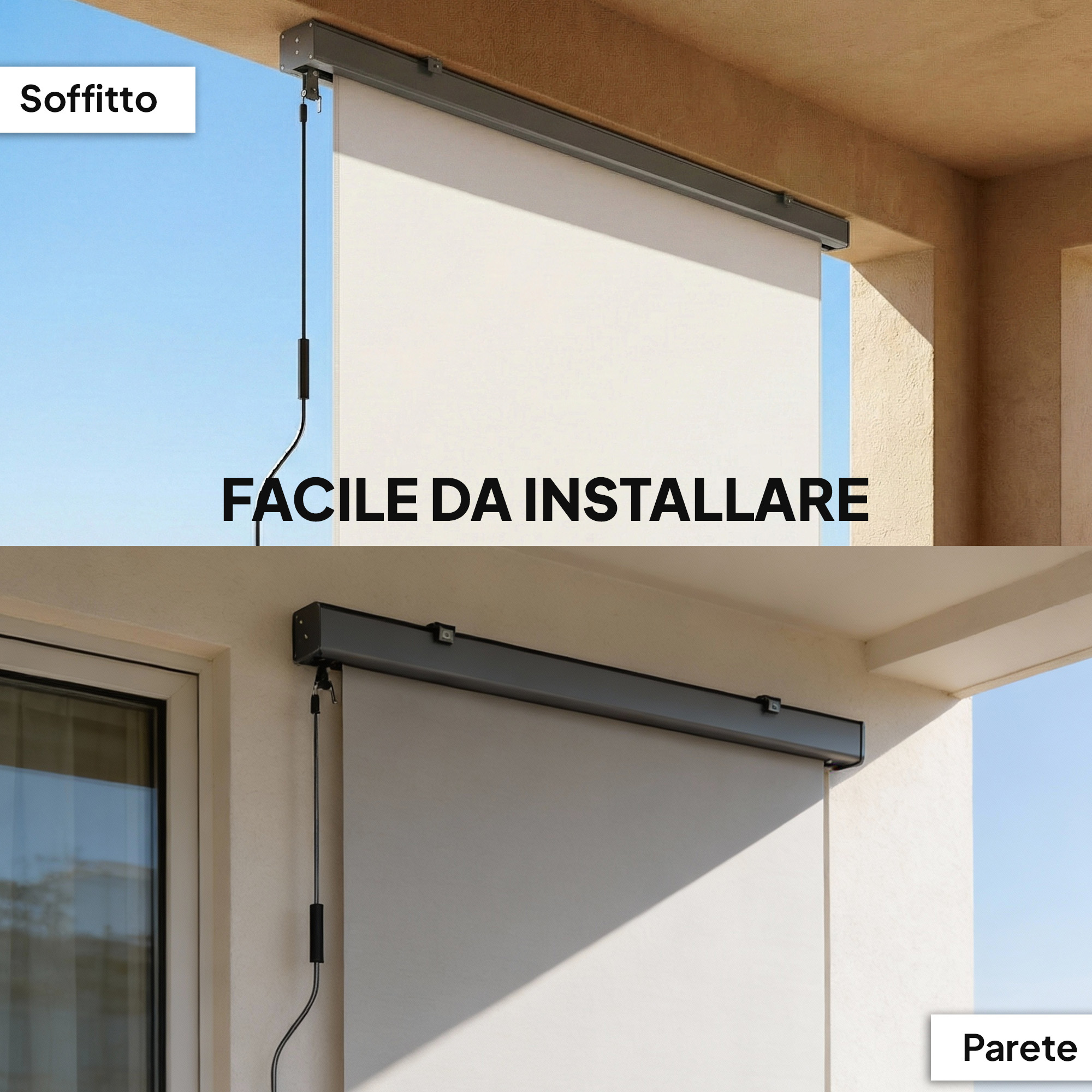 Tendalino a rullo per esterni installato a soffitto e parete. Facile installazione.