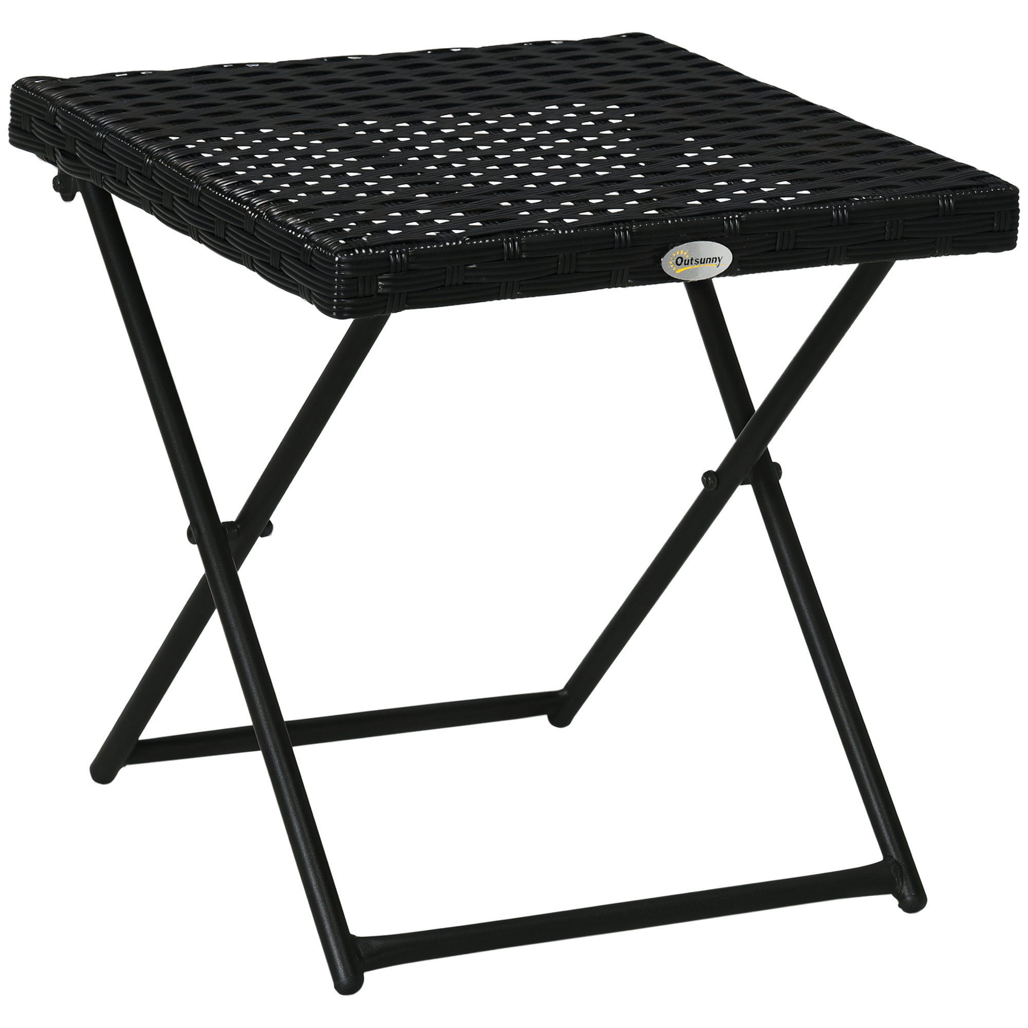 Un tavolino pieghevole nero in rattan con struttura in metallo.