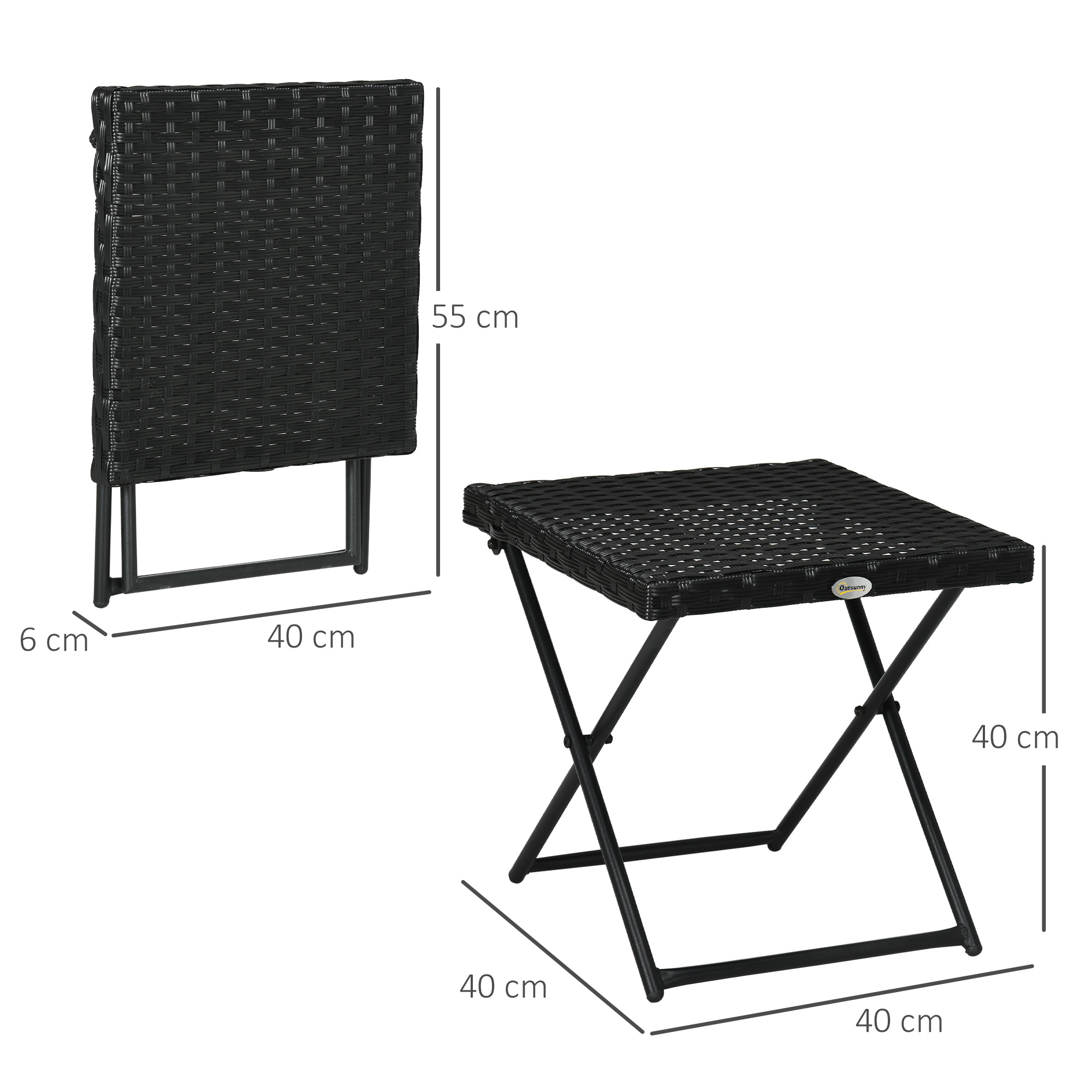 Tavolo pieghevole nero effetto rattan con struttura in metallo. Dimensioni: 40x40x40 cm.