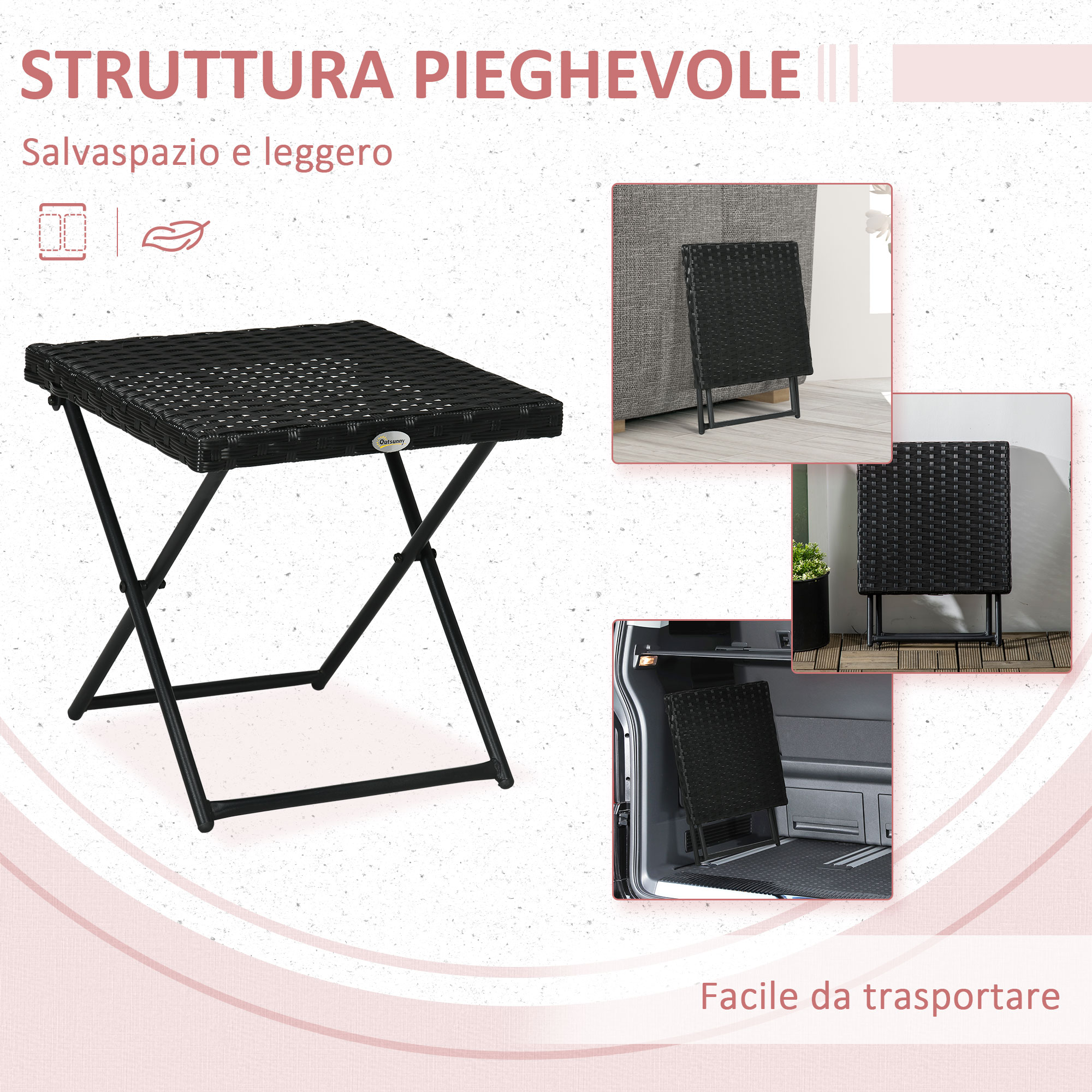 Tavolo pieghevole nero effetto rattan, mostrato aperto e chiuso.