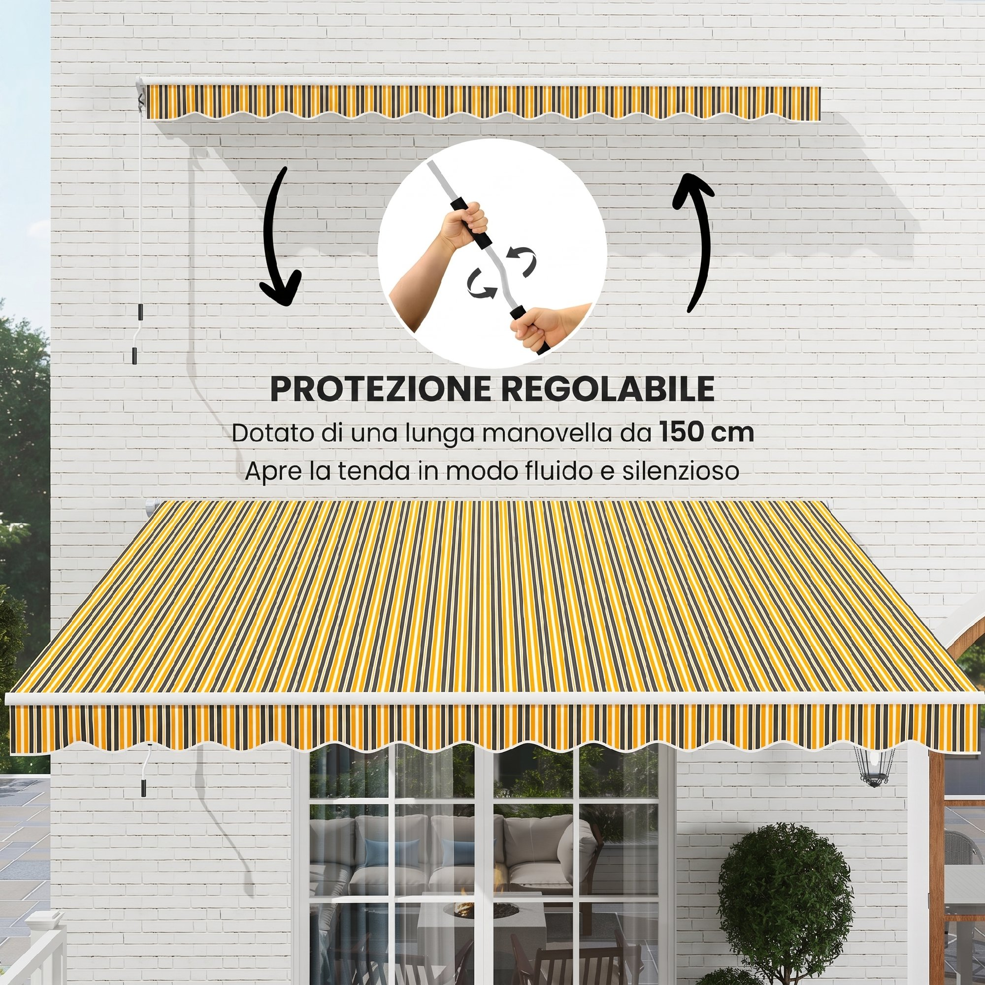 Tenda regolabile a righe gialle e nere con manovella.