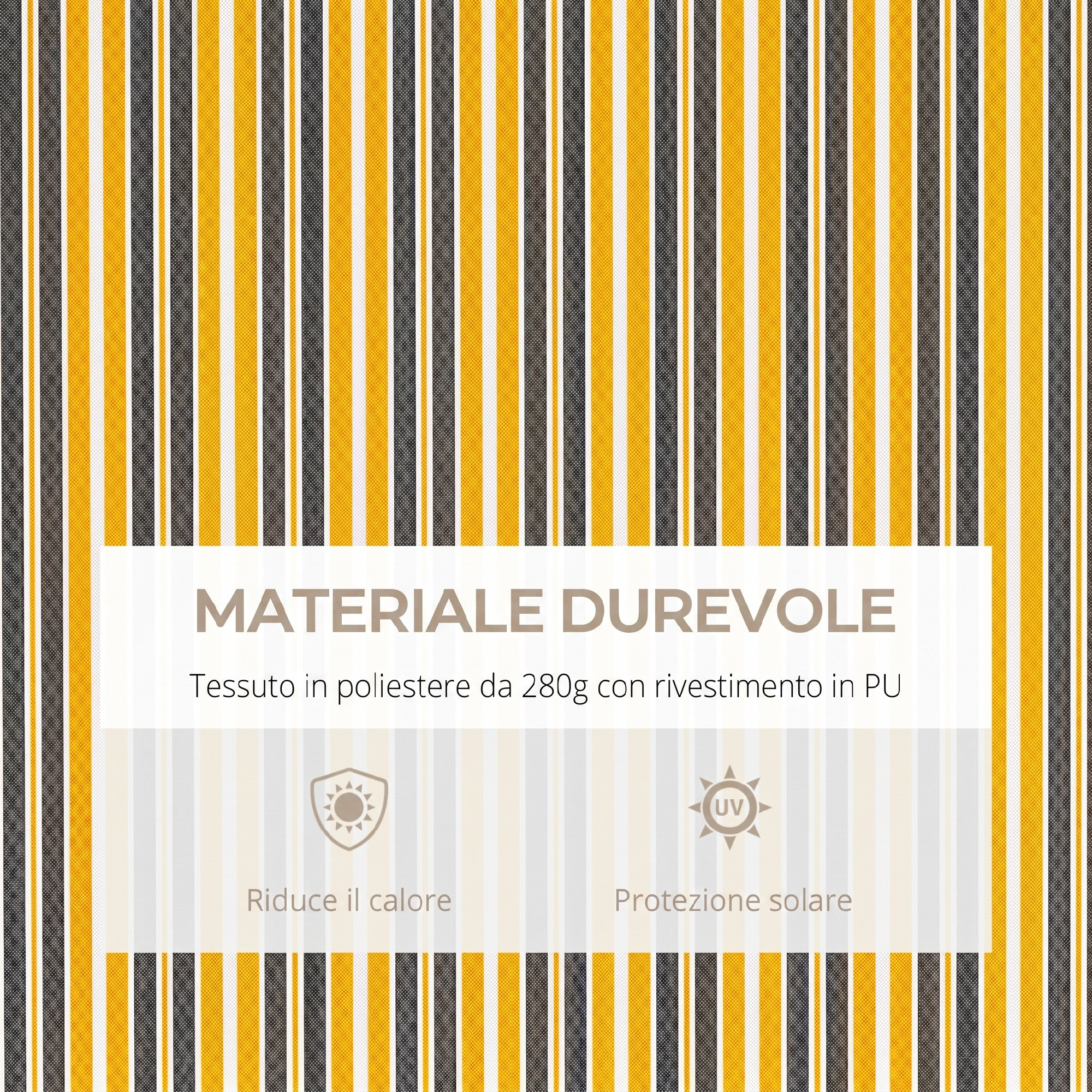 Tessuto a righe gialle, grigie e bianche con testo su materiale durevole.