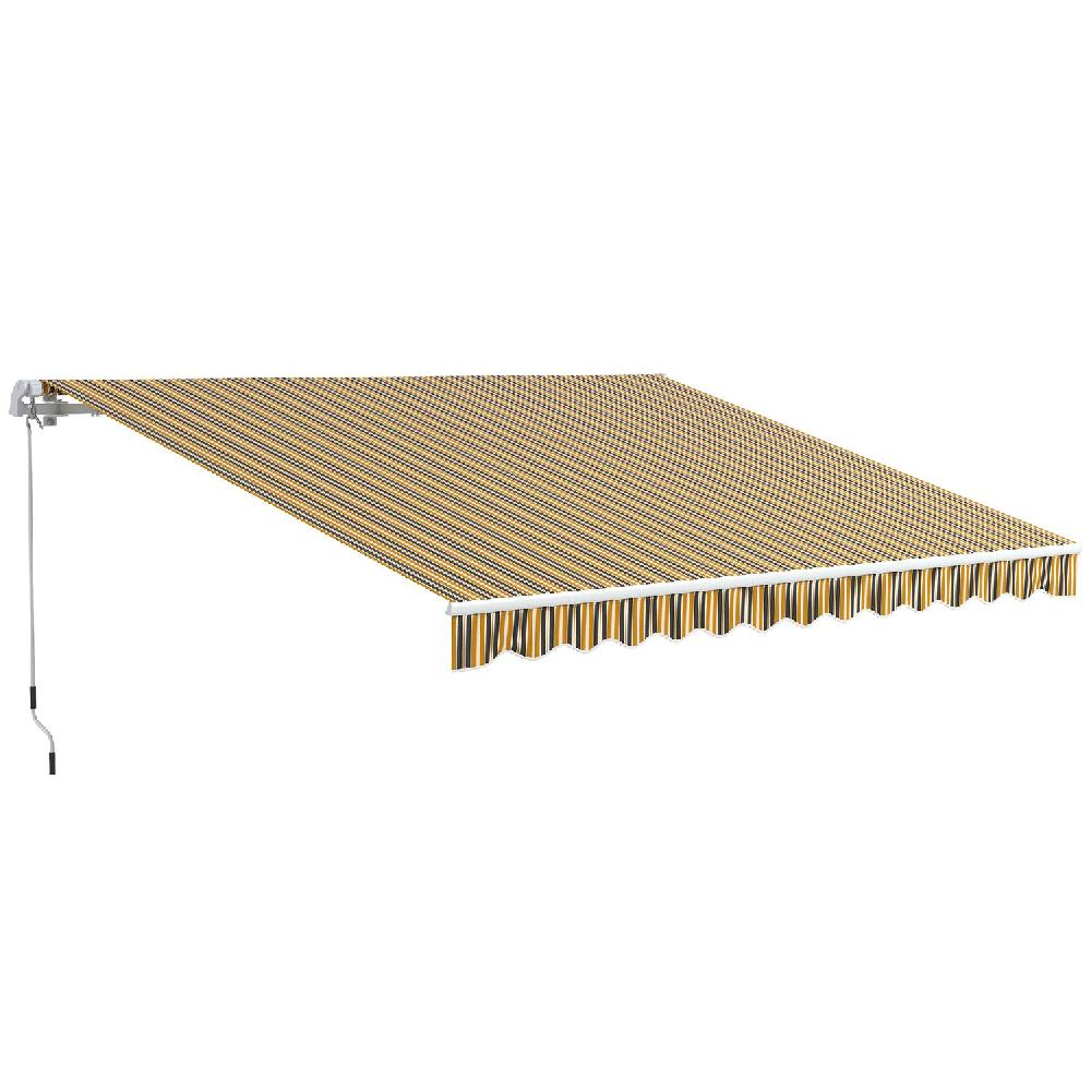 Un tessuto da tenda da sole esteso a strisce beige, nere e arancioni.