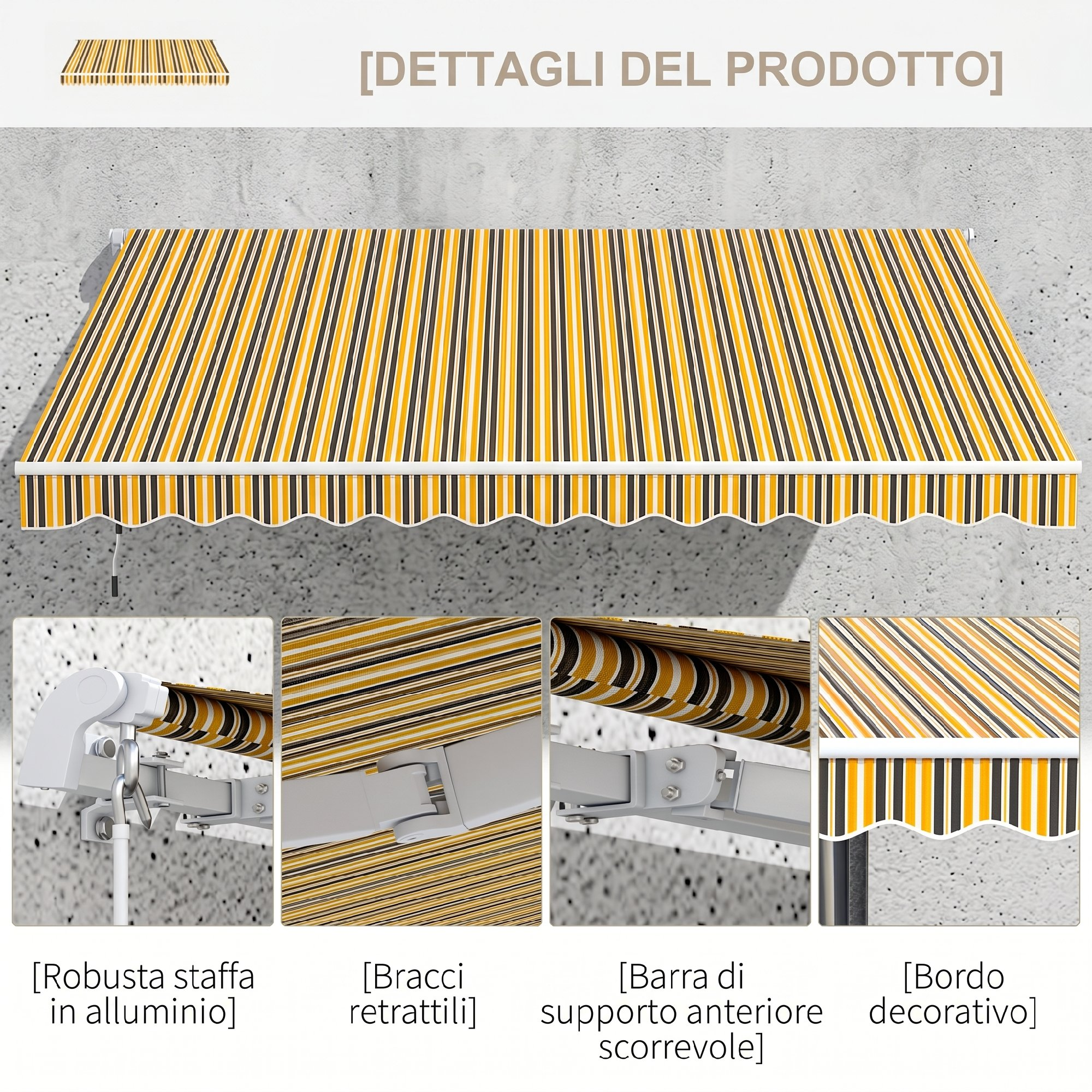 Tenda da sole a righe gialle, nere e bianche, dettagli staffa e tessuto.