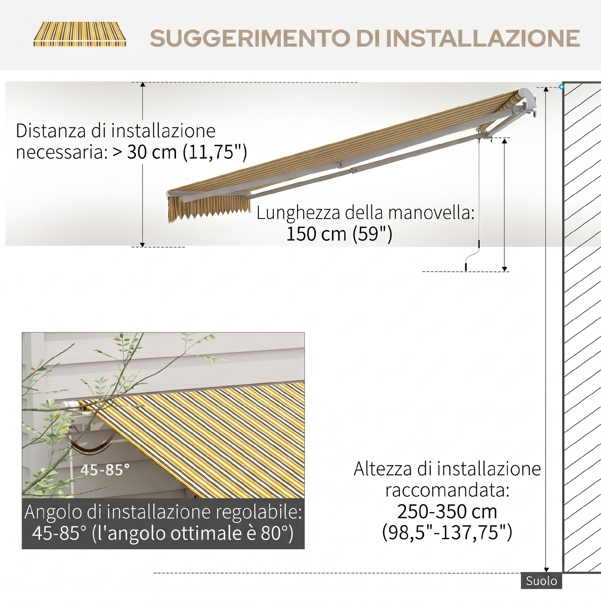 Diagramma con indicazioni per installazione tenda da sole. Misure per distanza, lunghezza manovella, altezza, angolo.