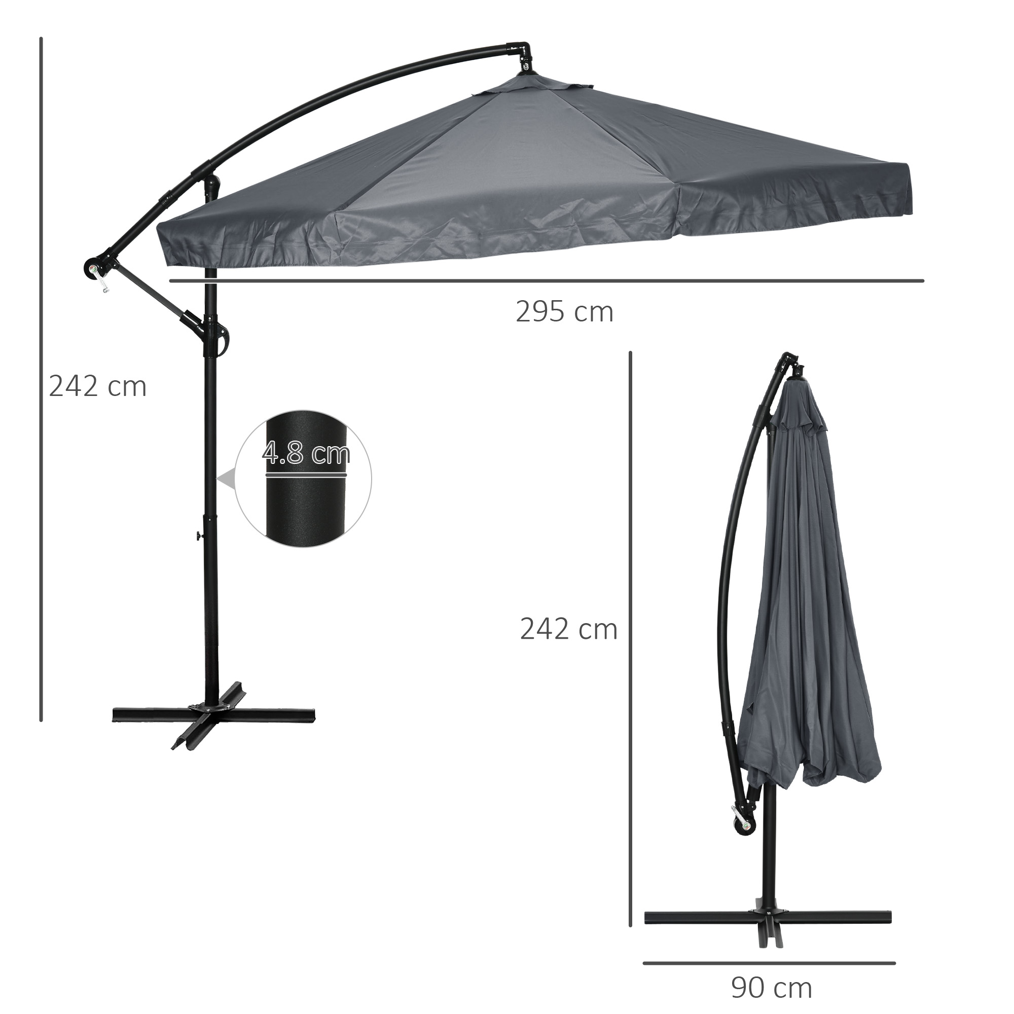 Un ombrellone grigio, largo 295 cm e alto 242 cm, aperto e chiuso.