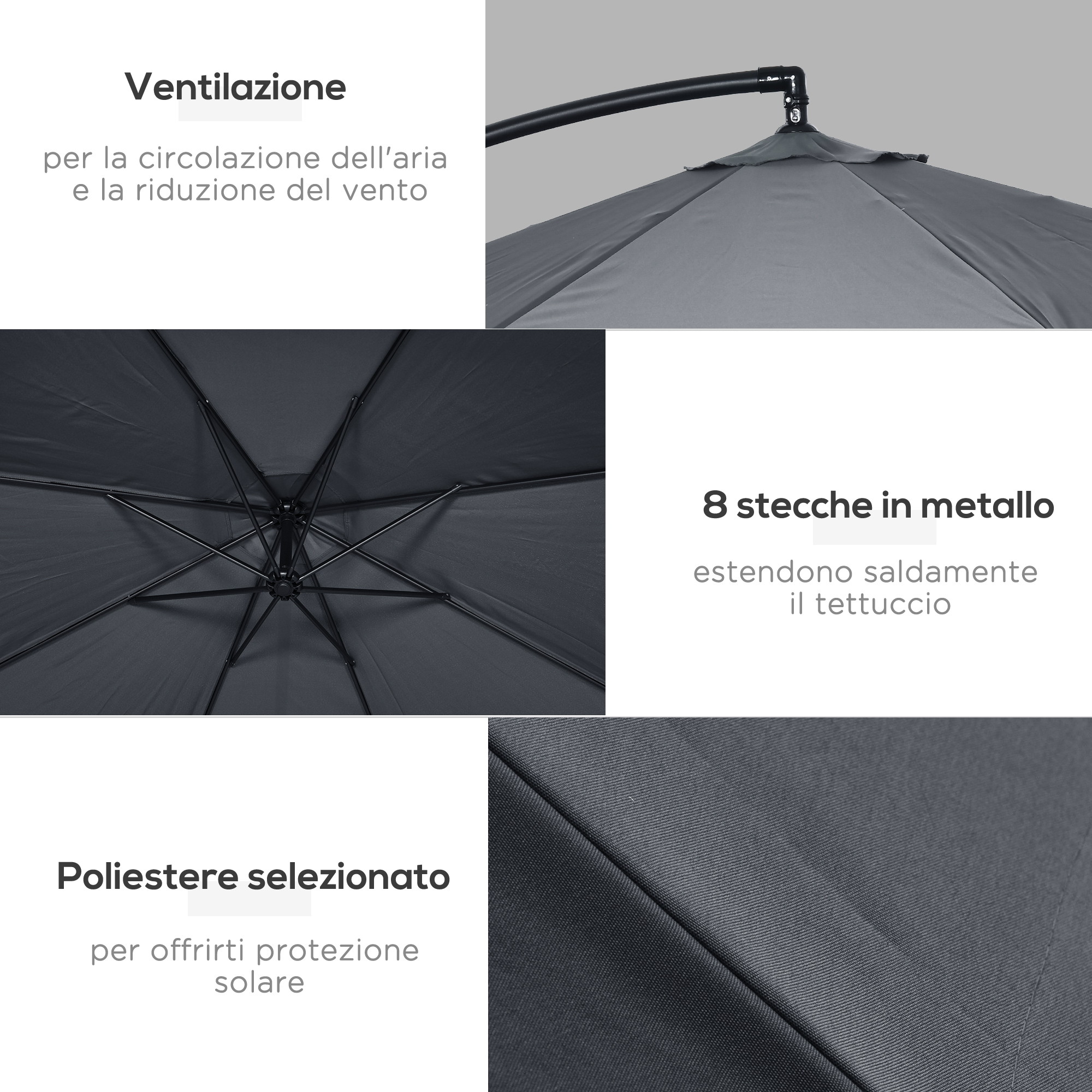 Ombrello grigio con stecche in metallo e ventilazione.