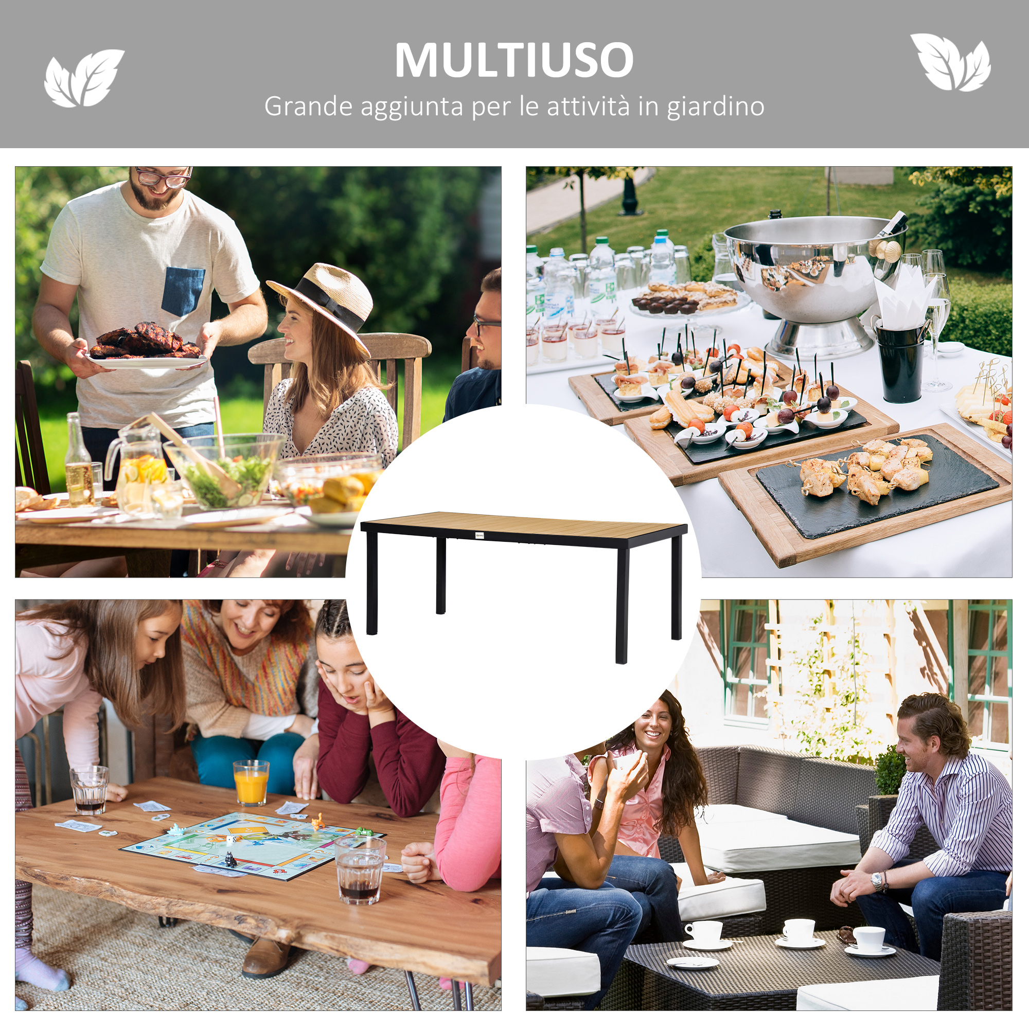 Collage di attività in giardino: barbecue, buffet, gioco da tavolo e relax.
