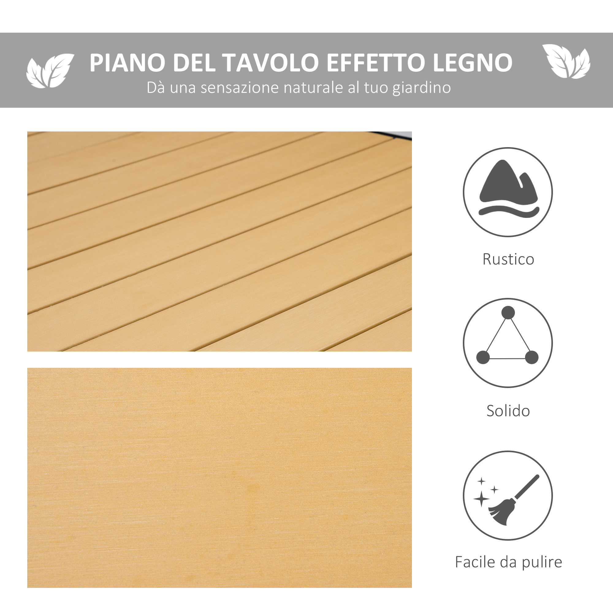 Piano del tavolo effetto legno, rustico, solido e facile da pulire.